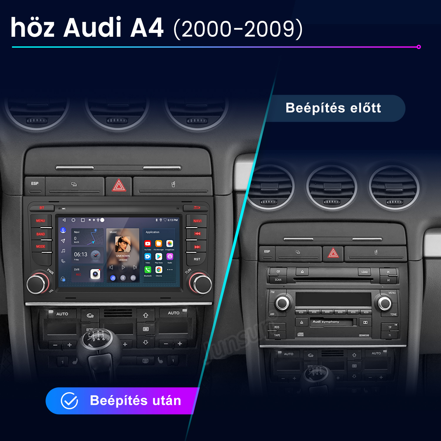Egy Audi A4 műszerfalának összehasonlítása új információs és szórakoztató rendszer beszerelése előtt és után.