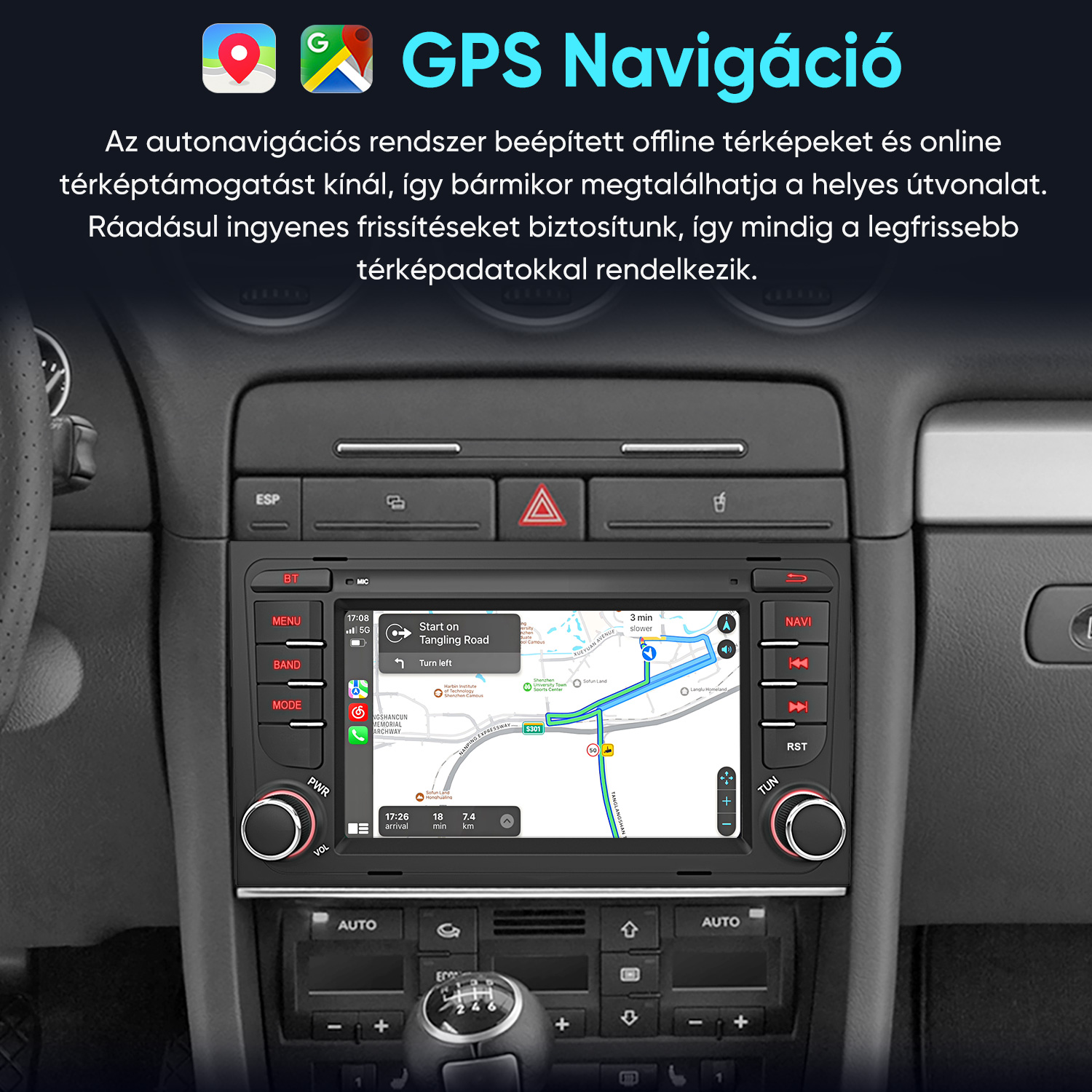 Autó műszerfal GPS navigációs képernyővel, amely útvonaltérképet mutat.