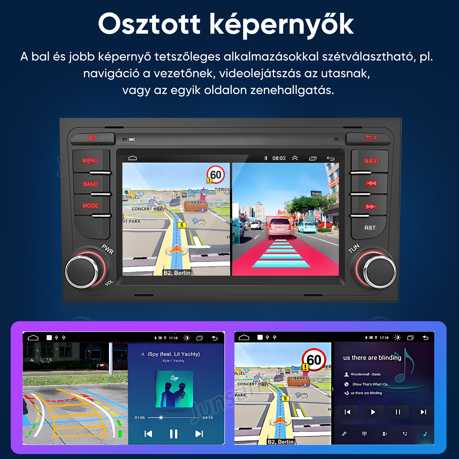 Osztott képernyős autós rádió egyszerre mutat navigációt és kameraképet.