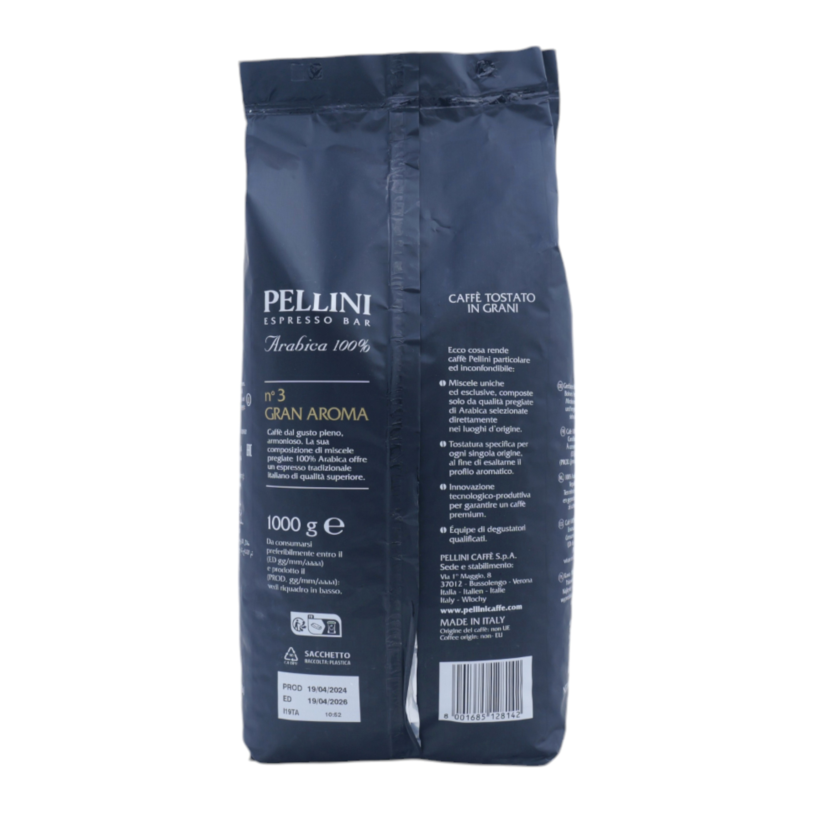 Confezione di caffè in grani Pellini Espresso Bar blu scuro con testo in italiano e codice a barre.