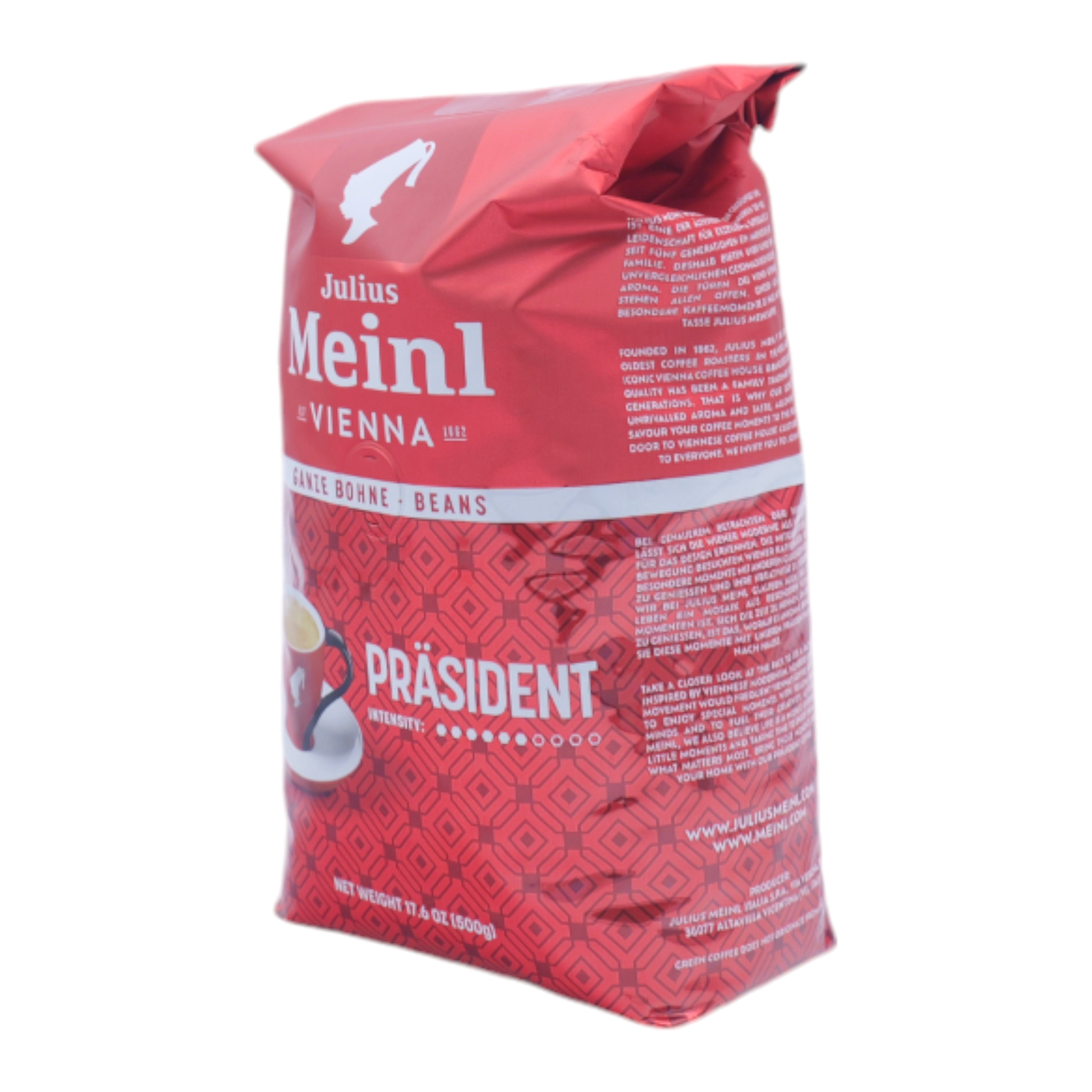 Una confezione di caffè in grani rosso Julius Meinl Presidente su sfondo bianco.