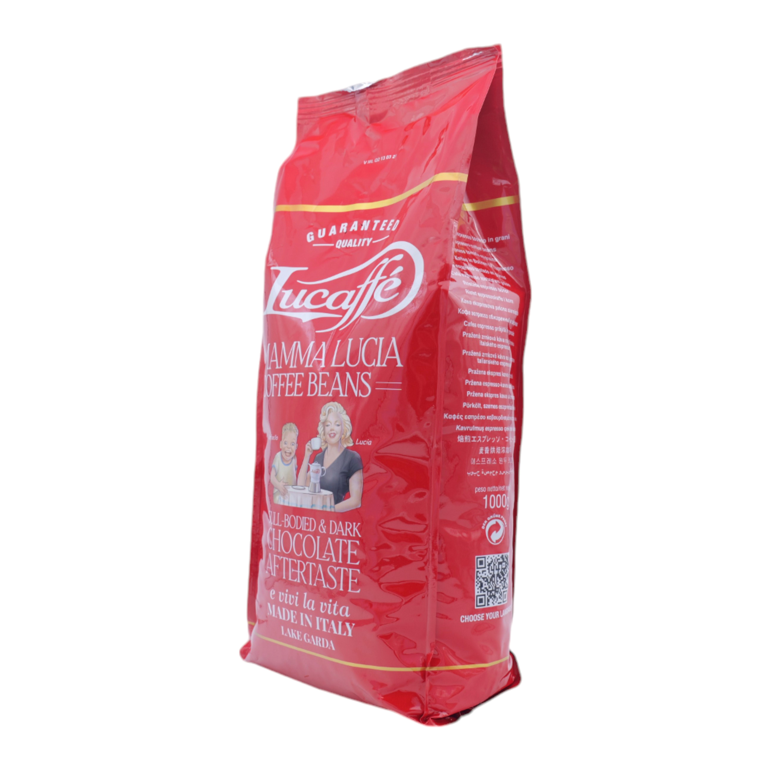 Rote Lucaffé Mamma Lucia Kaffeebohnenverpackung mit weißer Aufschrift und dem Bild einer Frau mit Kind.