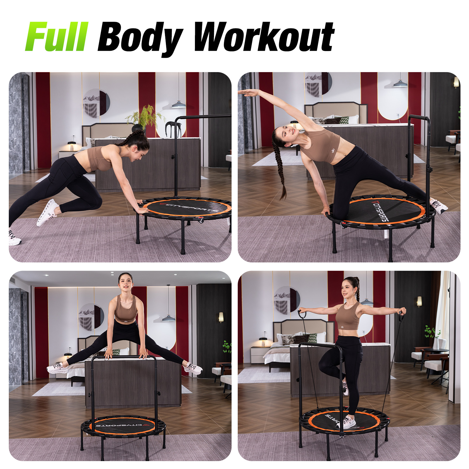 Egy nő különböző teljes testes edzésgyakorlatokat mutat be egy fitnesz trambulinon egy hálószobában.