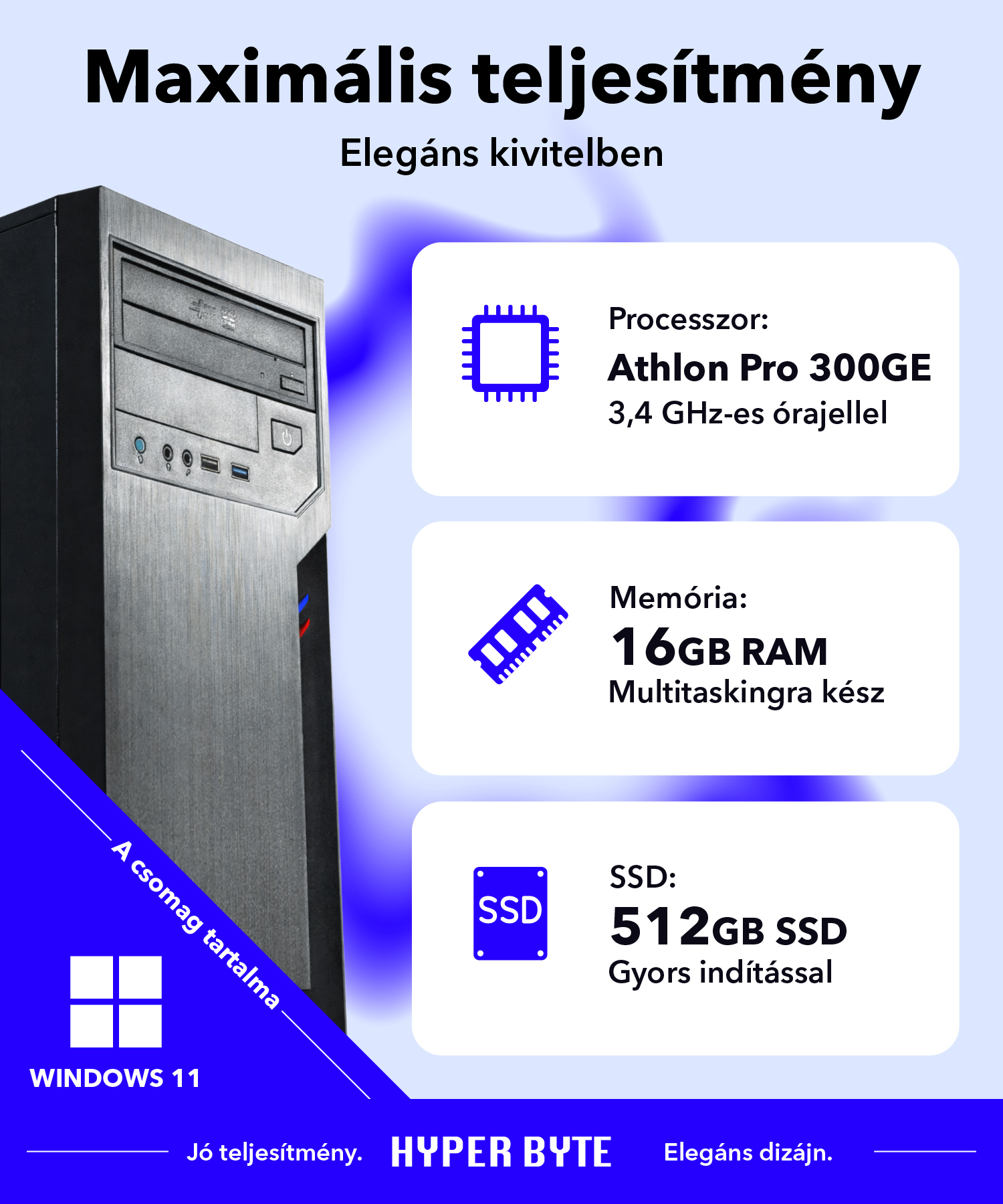 Számítógép hirdetés Athlon Pro 300GE processzorral, 16GB RAM-mal és 512GB SSD-vel.