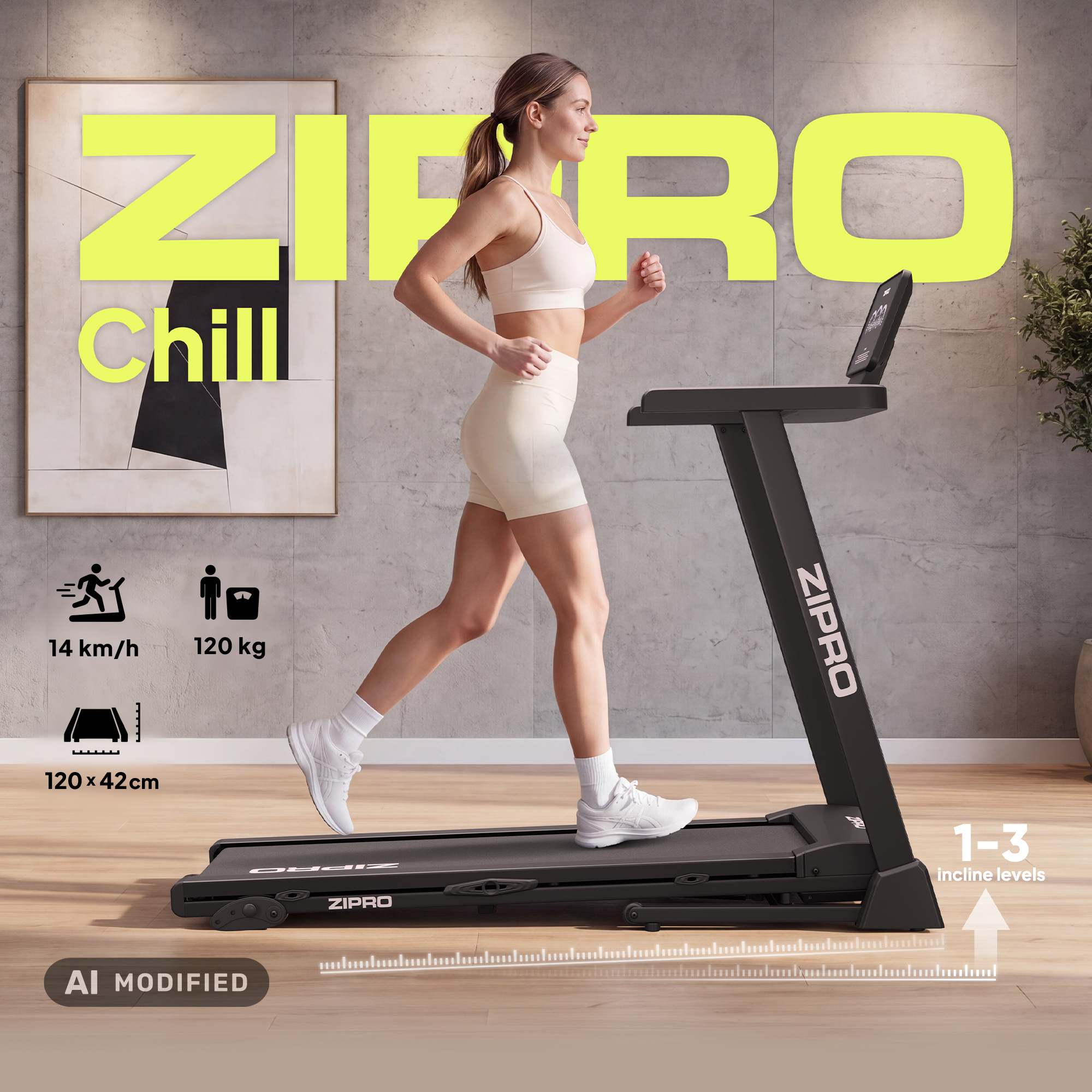 Una donna in abbigliamento sportivo corre su un tapis roulant Zipro nero in una stanza con pavimento in legno.