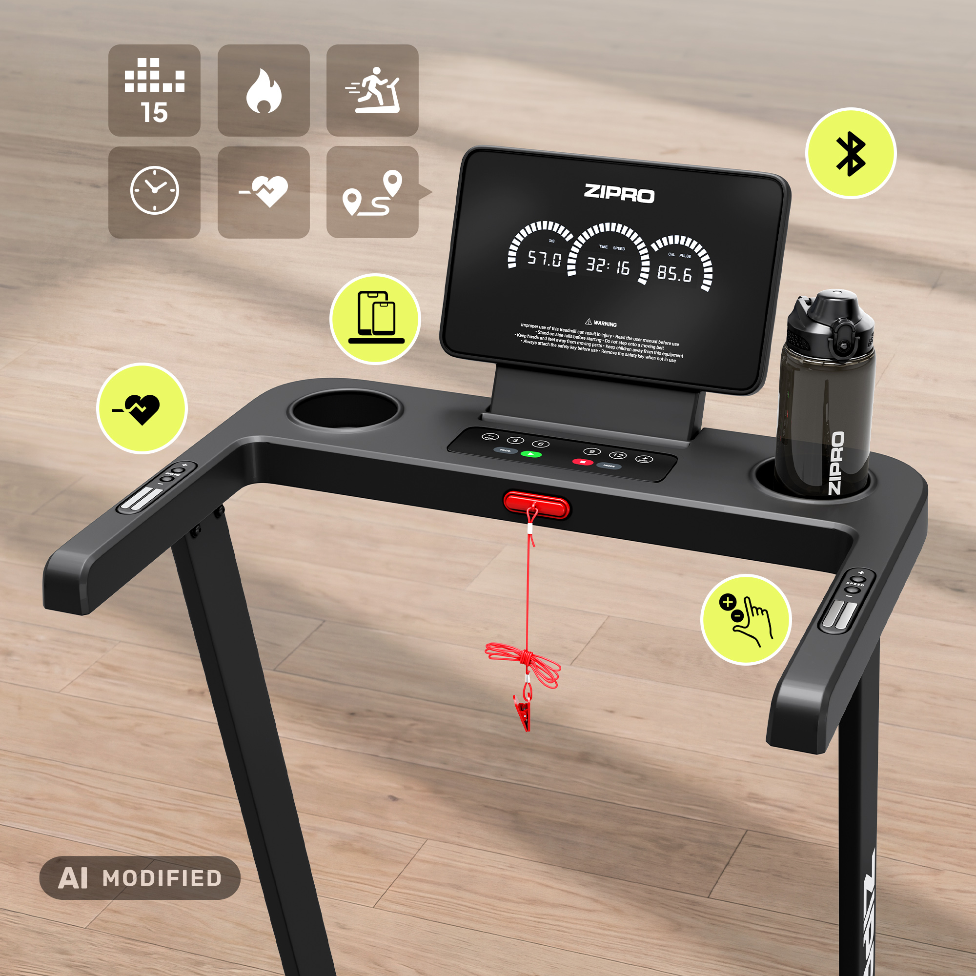 Console display e corrimano di un tapis roulant nero Zipro su pavimento in legno, con icone delle funzioni.