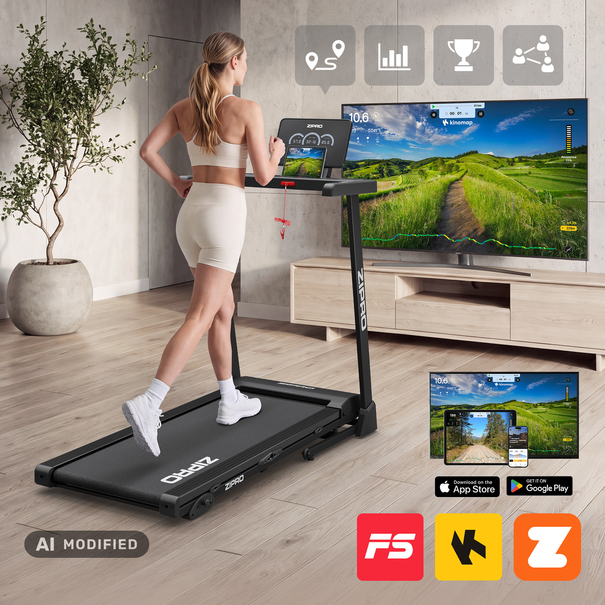 Una donna bionda corre su un tapis roulant nero in una stanza moderna con TV.