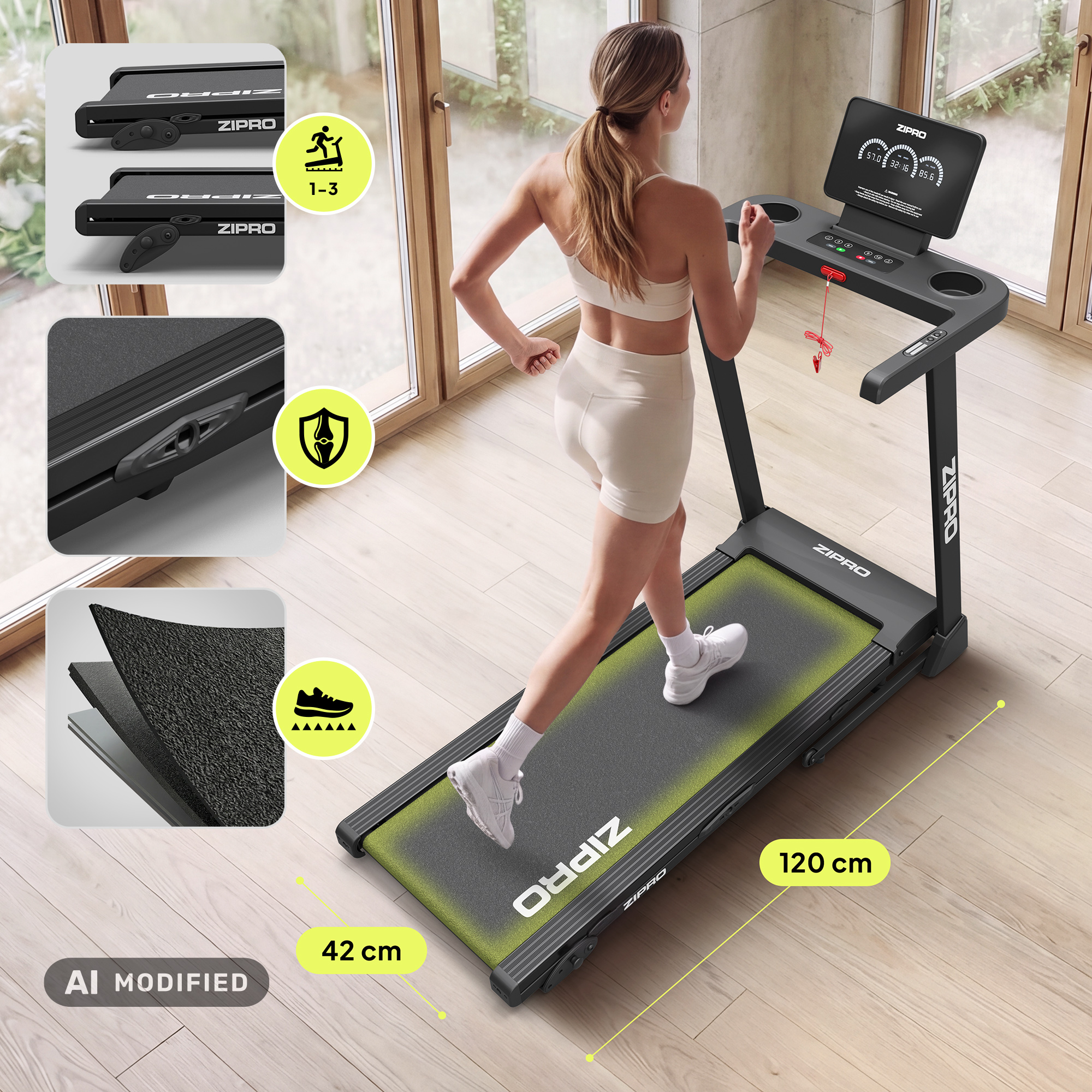 Una donna corre su un tapis roulant nero in una stanza luminosa, con infografiche di dimensioni e strati.