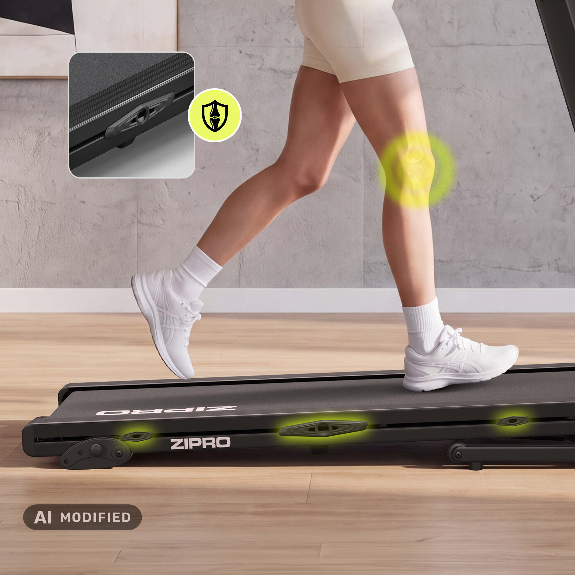 Persona cammina su tapis roulant Zipro, dettaglio mostra sistema ammortizzante, ginocchio evidenziato.
