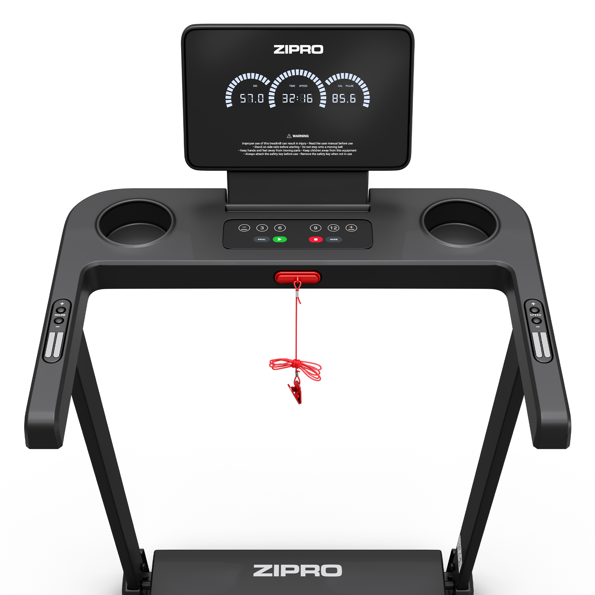 Vista dall'alto di una console per tapis roulant Zipro nera con display, portabicchieri e chiave di sicurezza rossa.