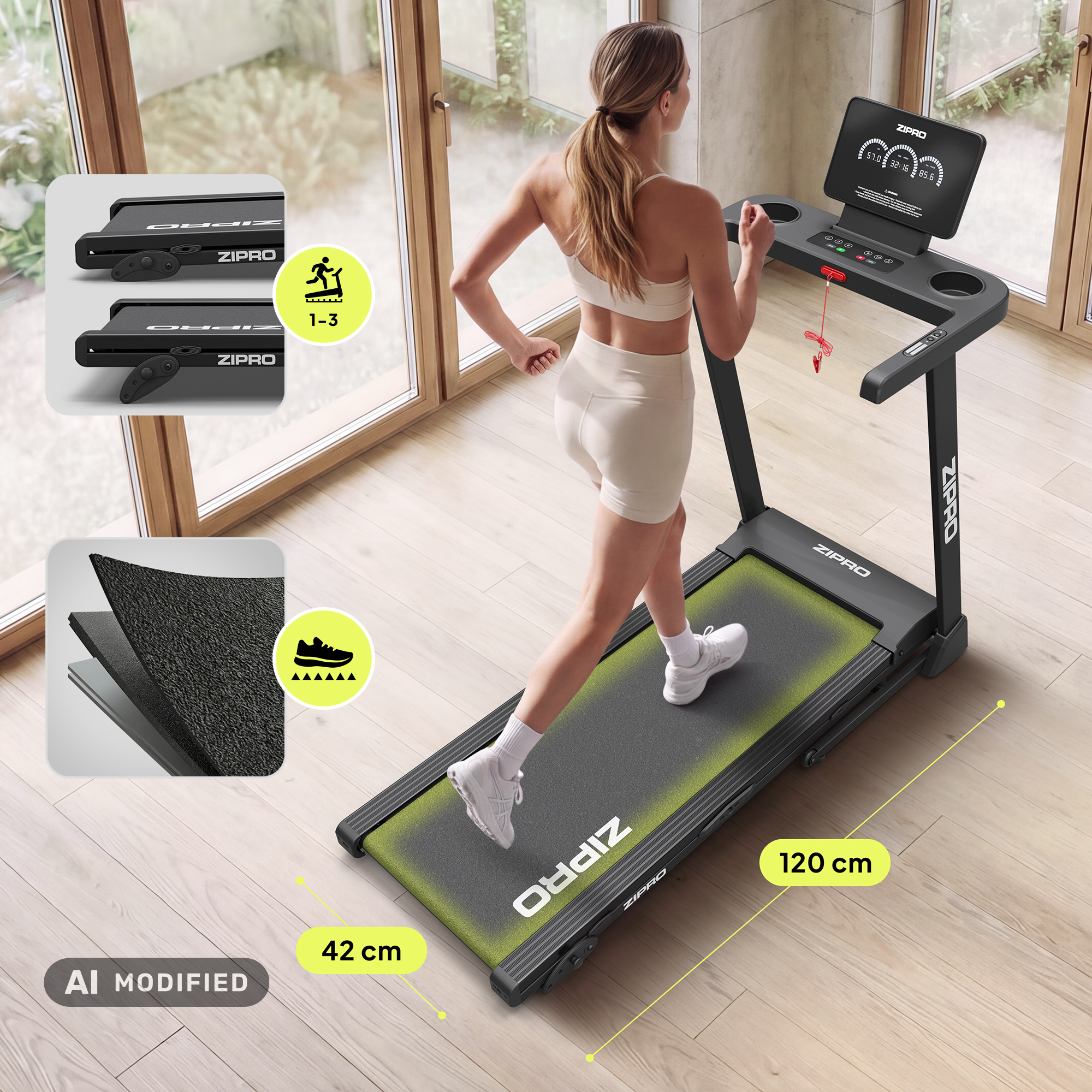 Una donna corre su un tapis roulant nero in una stanza con grandi finestre e pavimenti in legno.