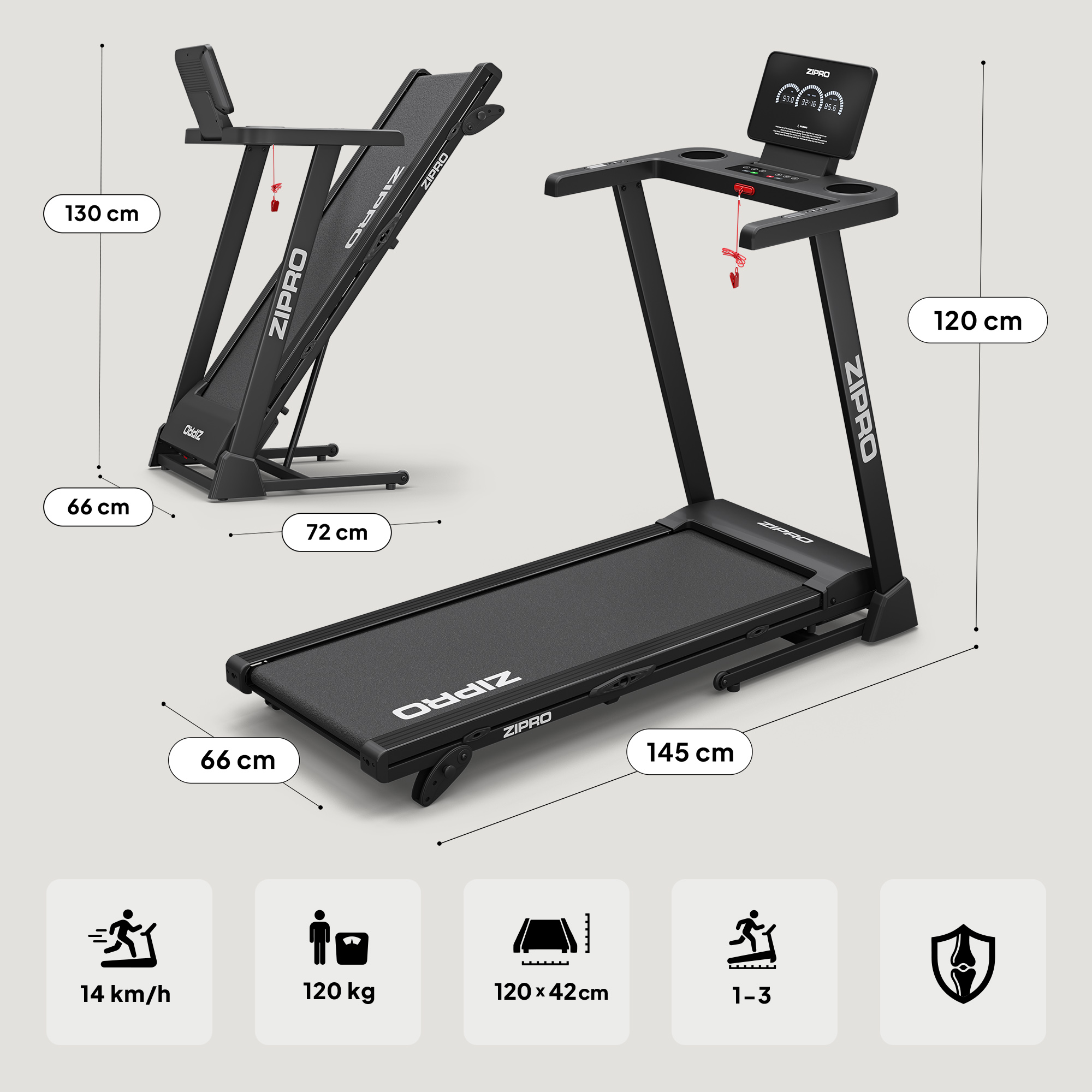 Tapis roulant Zipro nero con dimensioni e icone di funzioni su sfondo grigio.
