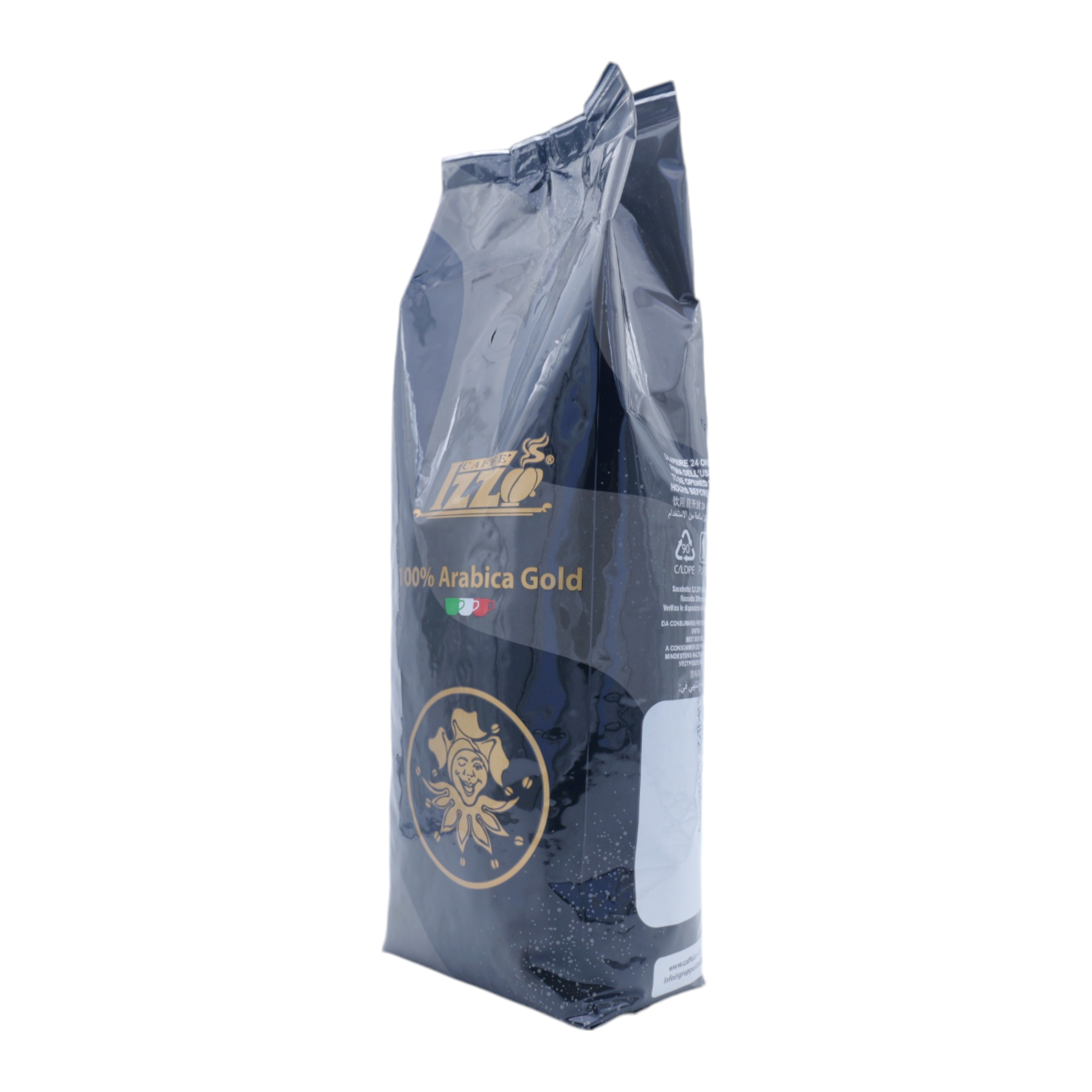Eine schwarze Verpackung von Caffe Izzo 100% Arabica Gold Kaffee steht vertikal vor einem weißen Hintergrund.