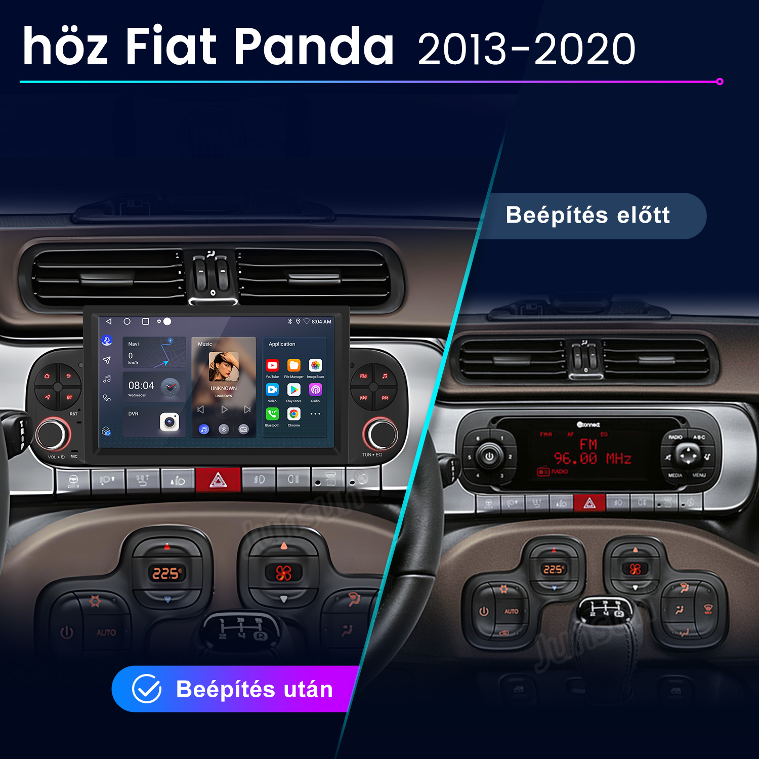 Fiat Panda műszerfal összehasonlítás új multimédiás érintőképernyő beszerelése előtt és után.