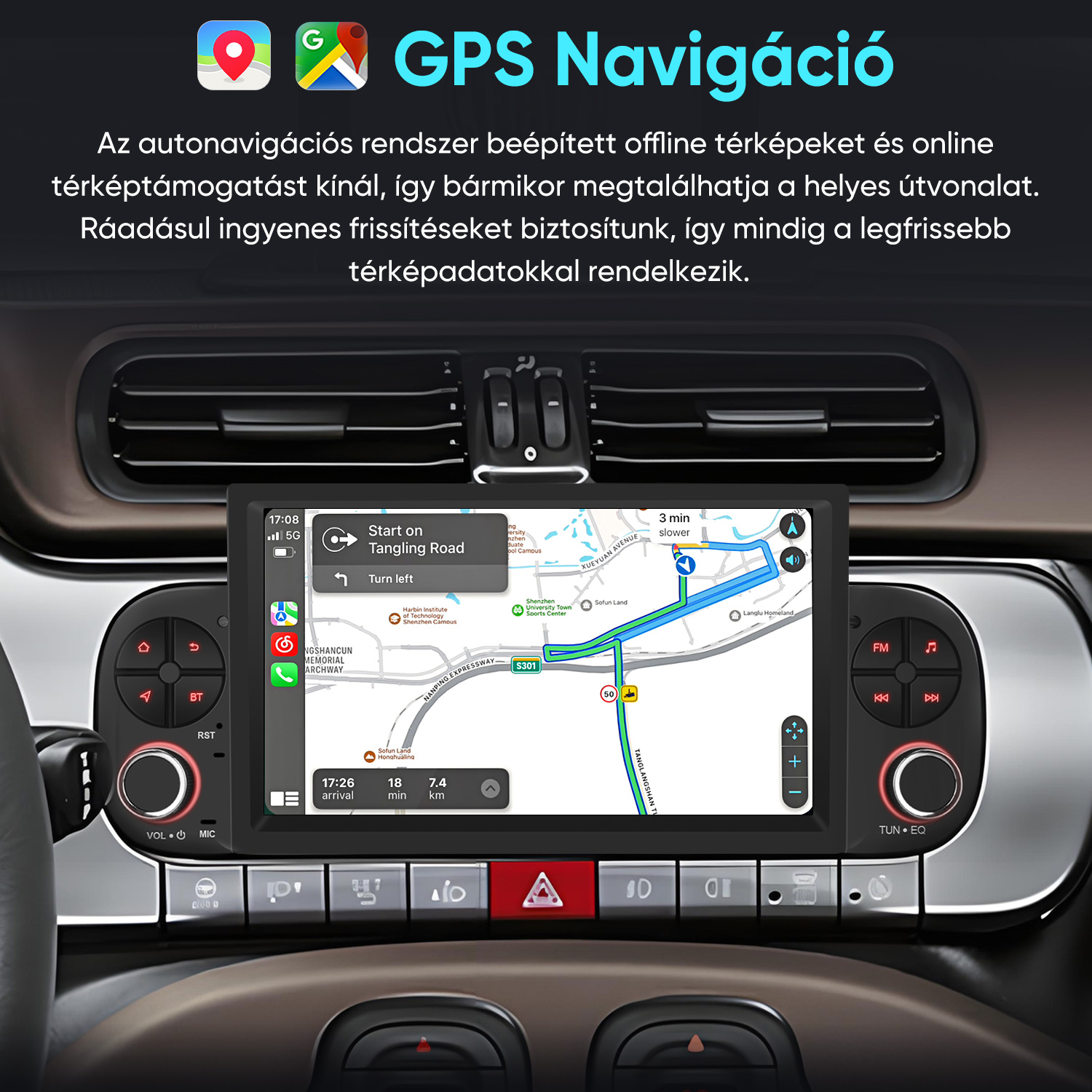 Autós képernyő GPS-navigációval, térképekkel, csatlakoztatott alkalmazásokkal és gombokkal.