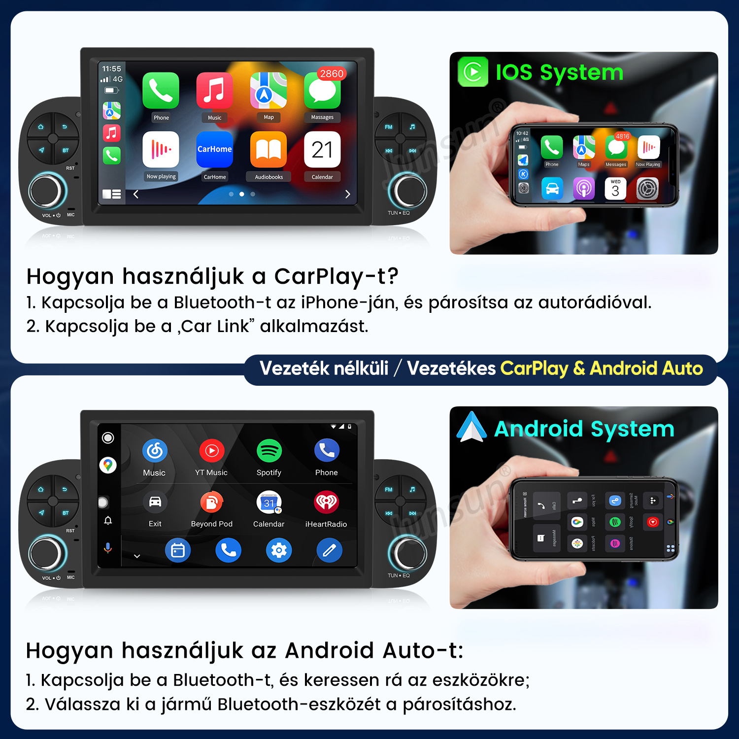 Autós multimédiás rendszer vezeték nélküli CarPlay és Android Auto támogatással, magyar nyelvű útmutatóval.