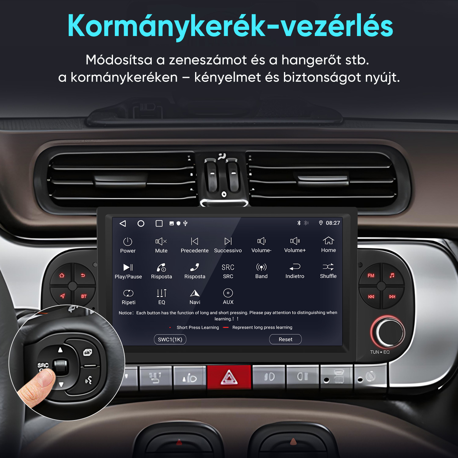 Autós műszerfal multimédiás képernyővel és kormánykerék-vezérléssel.