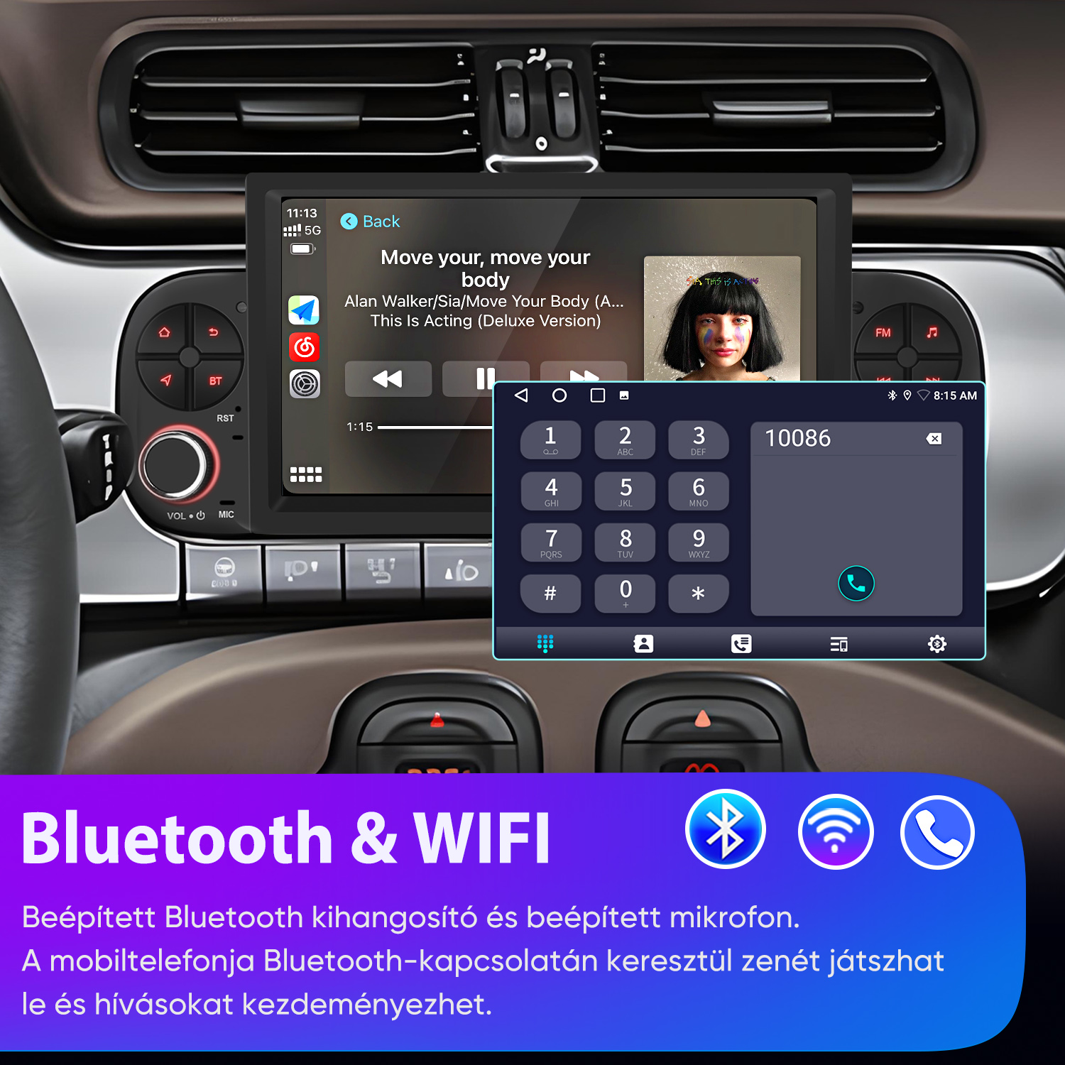 Autós műszerfal digitális médialejátszóval, zenevezérléssel, Bluetooth-szal és Wi-Fi-vel.