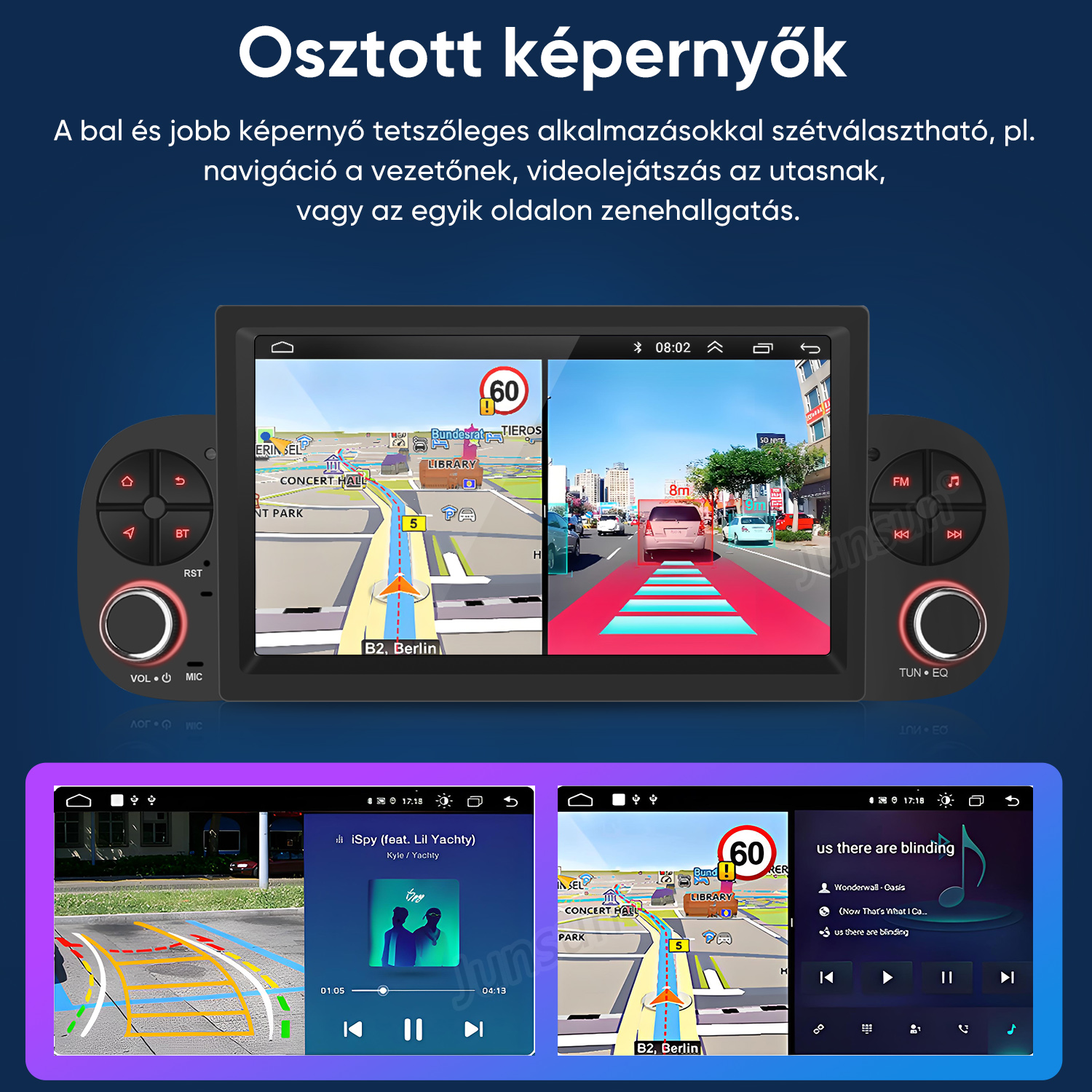 Autós multimédiás rendszer osztott képernyővel navigációhoz, kamerához és zenéhez.