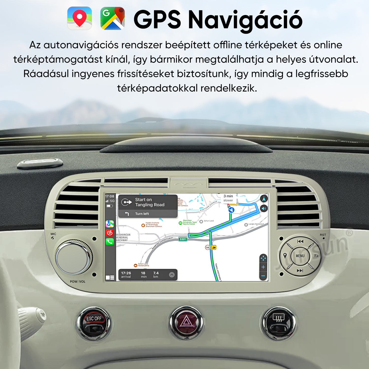 Autó műszerfal beépített GPS navigációs érintőképernyővel, amely térképet és útvonalat mutat.