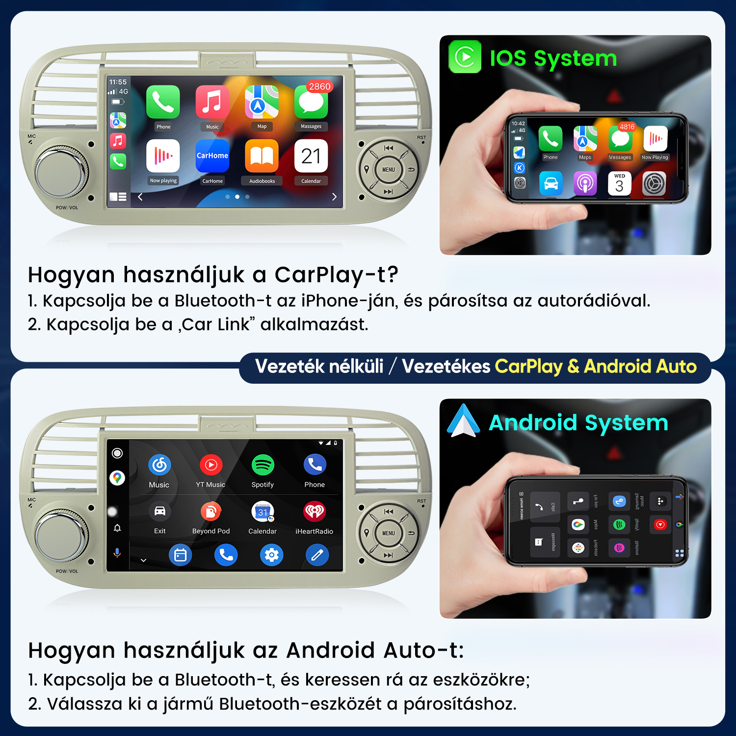 Útmutató CarPlay és Android Auto használatához autórádióval és okostelefonnal.