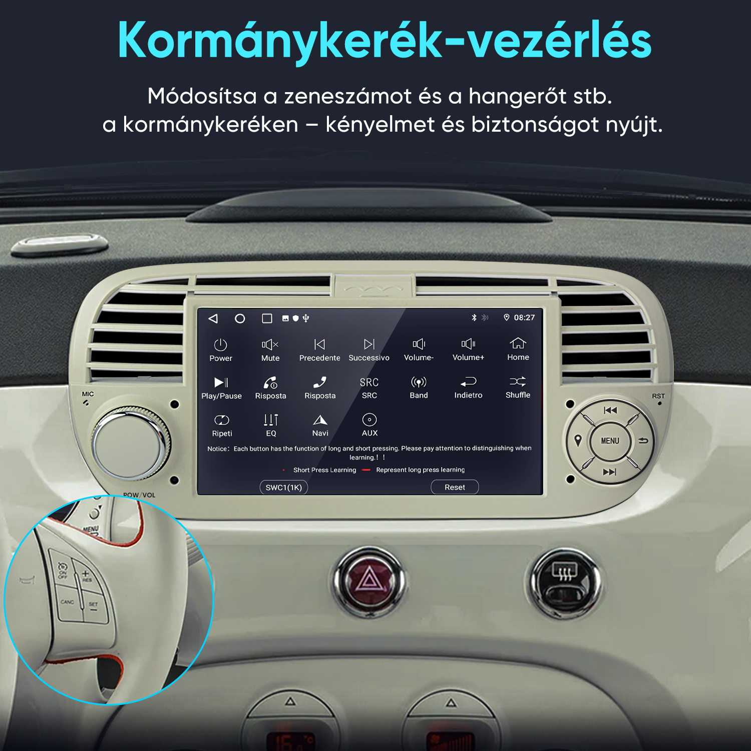 Autó belső multimédiás képernyővel, kiemelve a kormánykerék-vezérlést.
