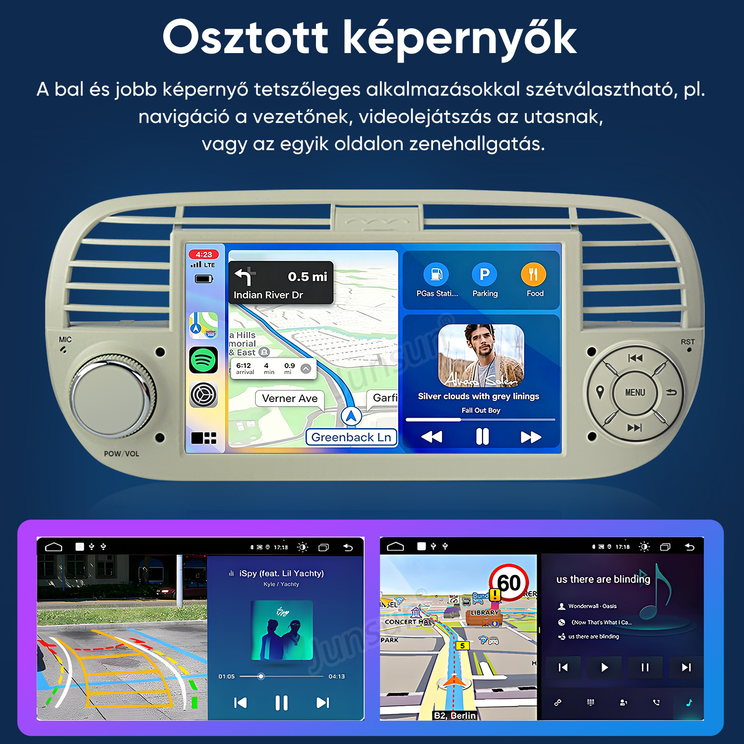 Autós műszerfal kijelző navigációval, zenével és osztott képernyős funkcióval, kék háttér előtt magyar szöveggel.