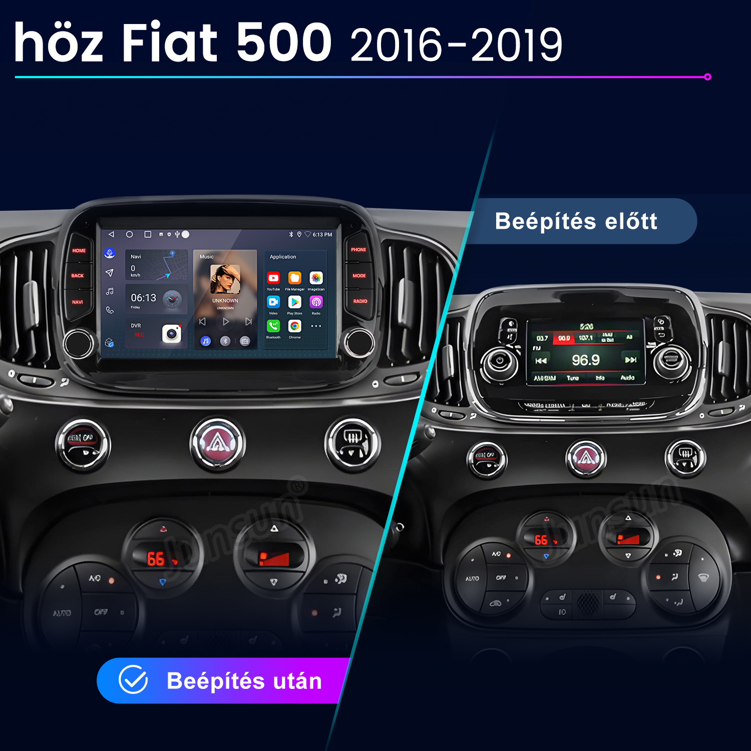 Fiat 500 műszerfal összehasonlítás egy új multimédiás érintőképernyő beszerelése előtt és után.