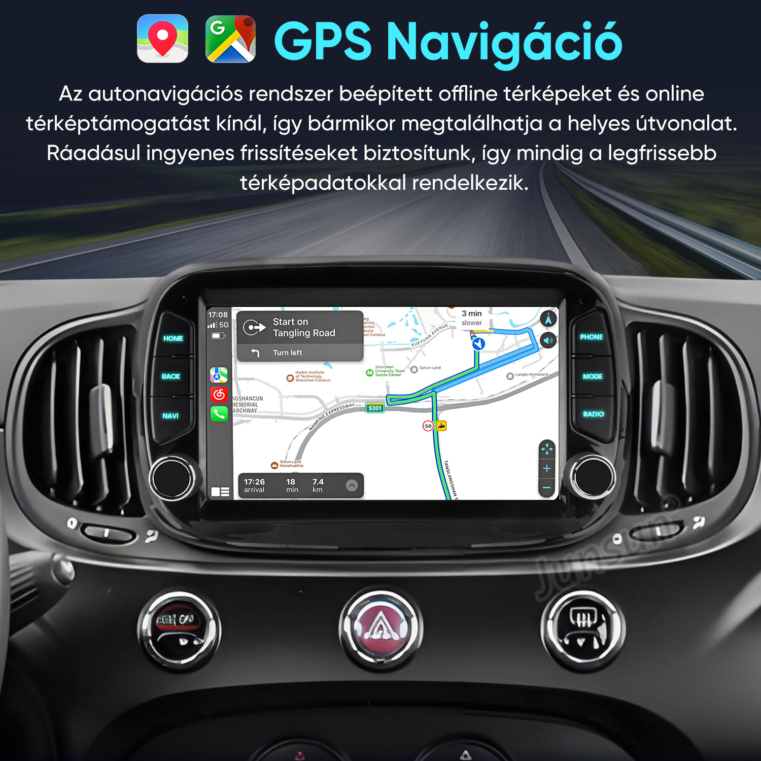 GPS navigációs képernyő egy autó műszerfalán offline és online térképekkel.
