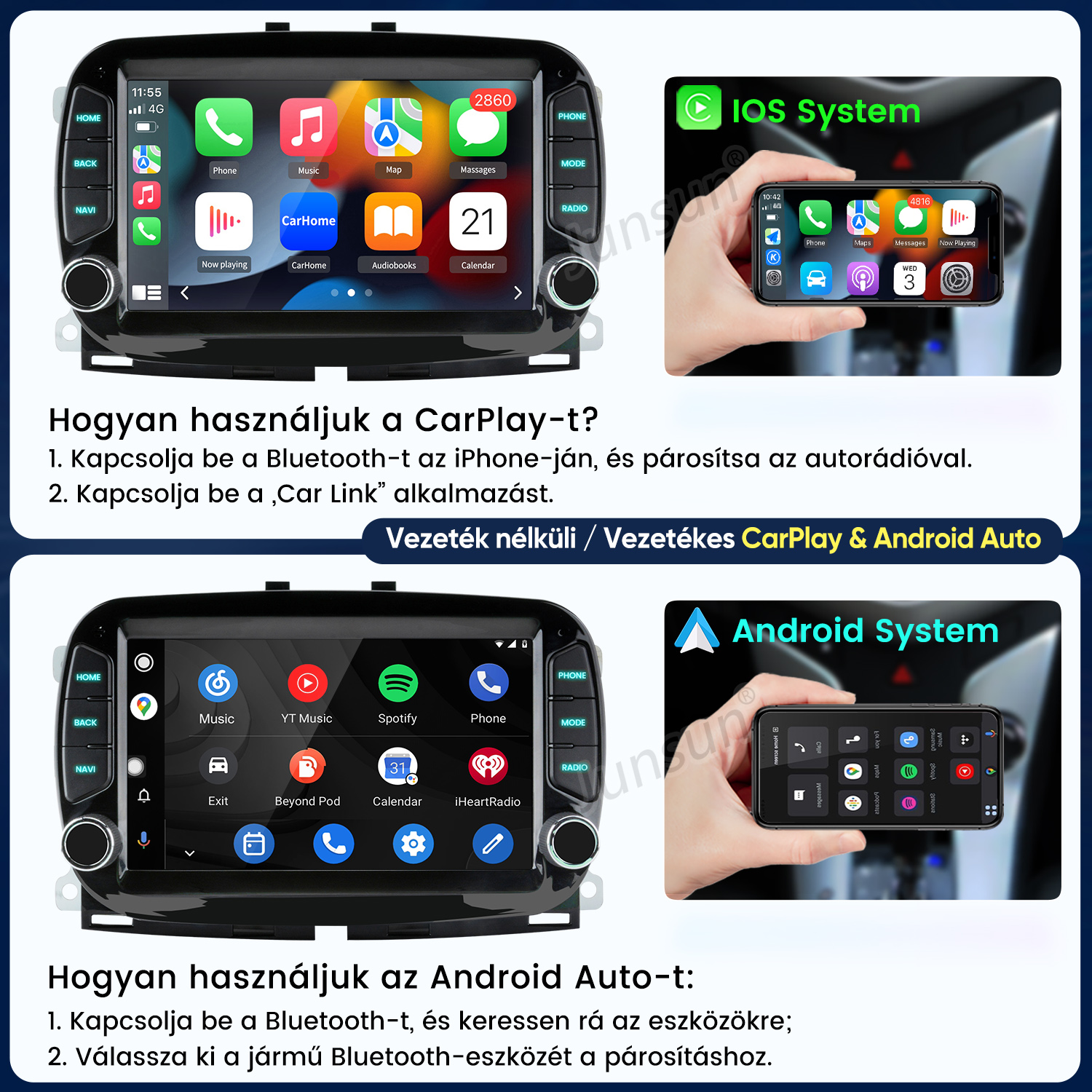 Útmutató a CarPlay és Android Auto használatához autórádió képernyőjén okostelefonnal.