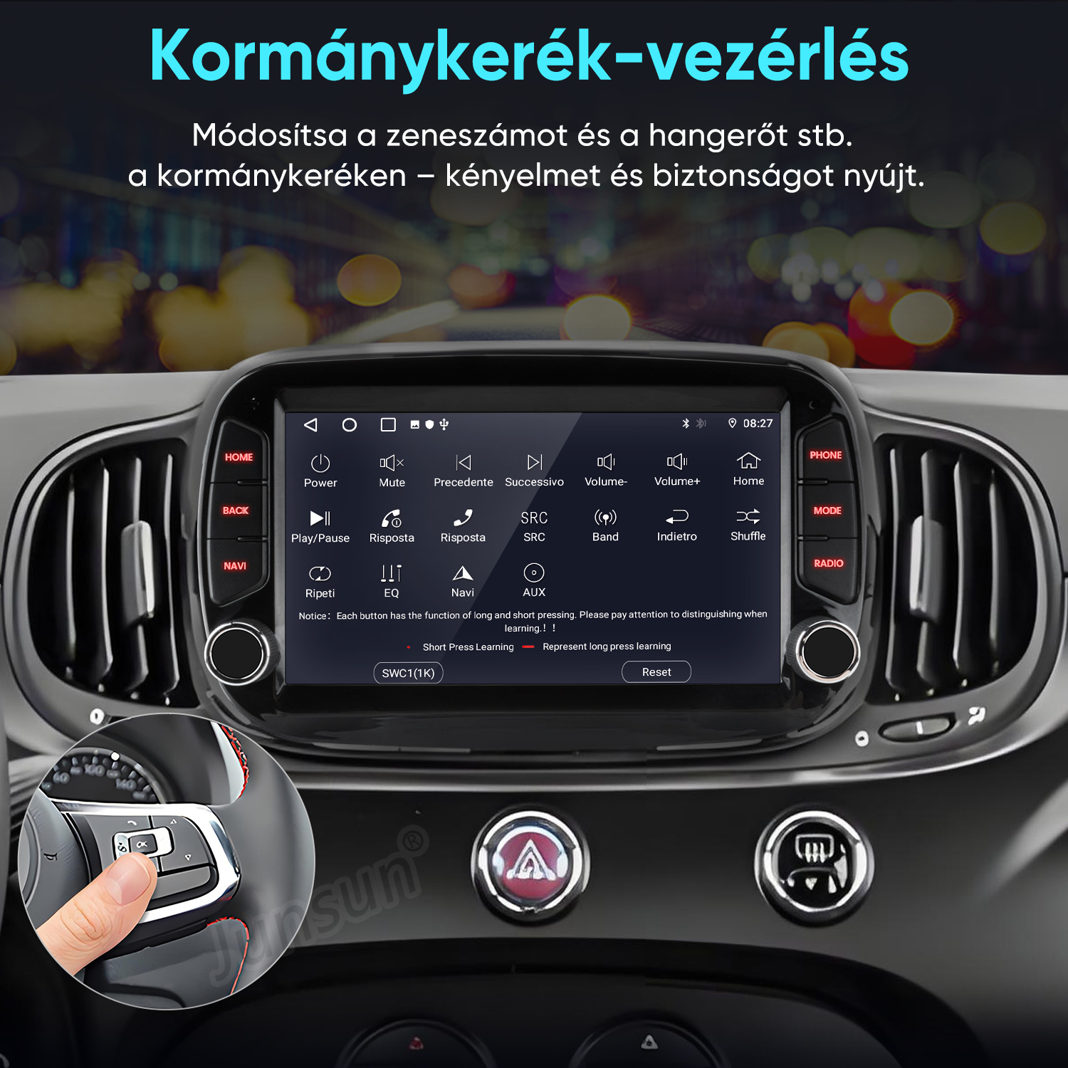 Autós műszerfal digitális képernyővel és egy képpel, amelyen egy kéz látható a kormánykeréken.