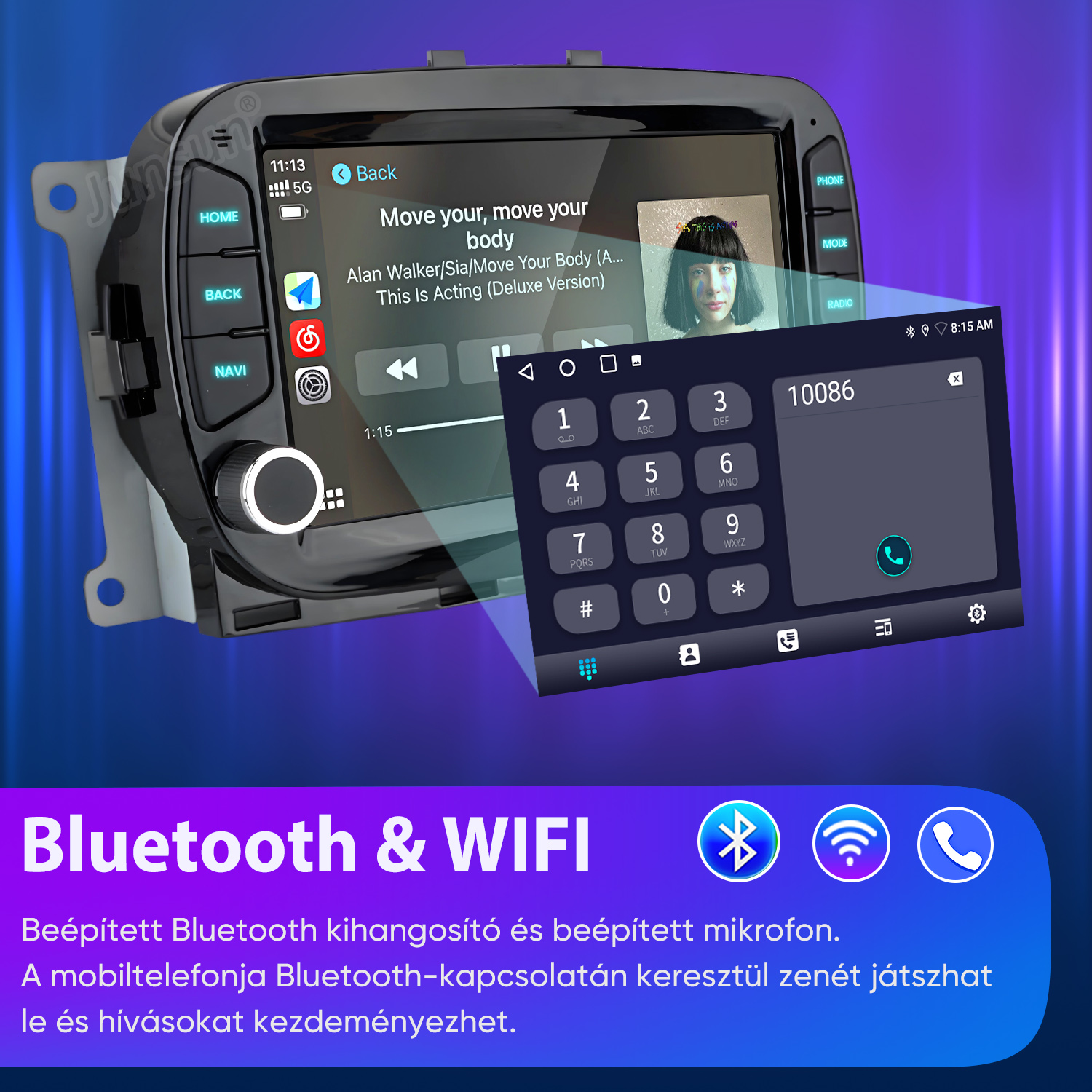 Autós hifi rendszer érintőképernyővel, zenelejátszással és billentyűzettel a Bluetooth hívásokhoz.