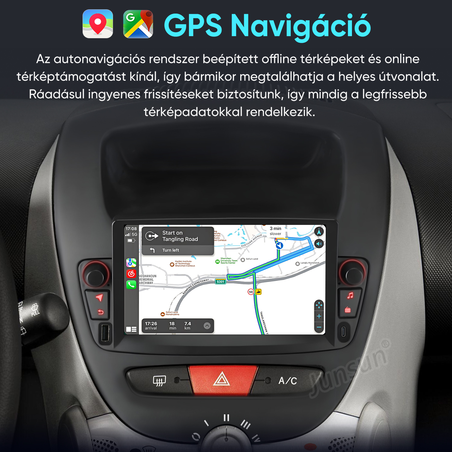 Autós GPS képernyő útvonaltérképpel, műszerfalelemekkel és magyar felirattal.