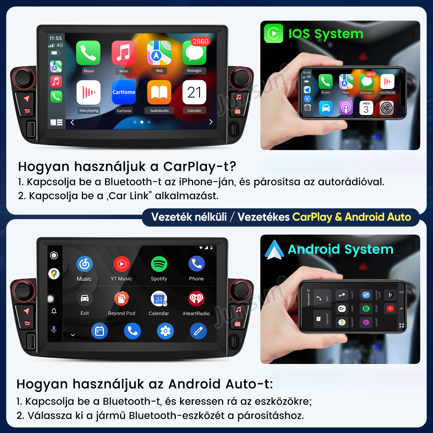 Oktatókép a CarPlay és az Android Auto csatlakoztatásáról és használatáról autós multimédián.