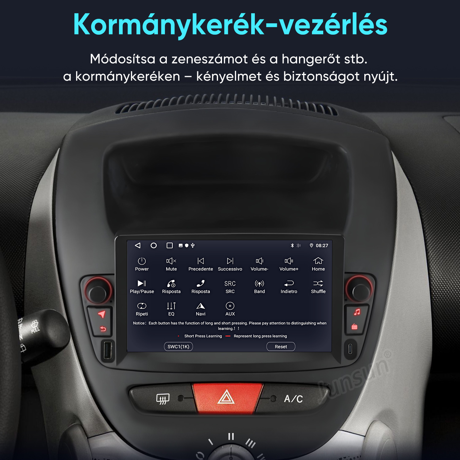 Autó műszerfal multimédiás érintőképernyős felülettel, vezérlőikonokkal és magyar felirattal.