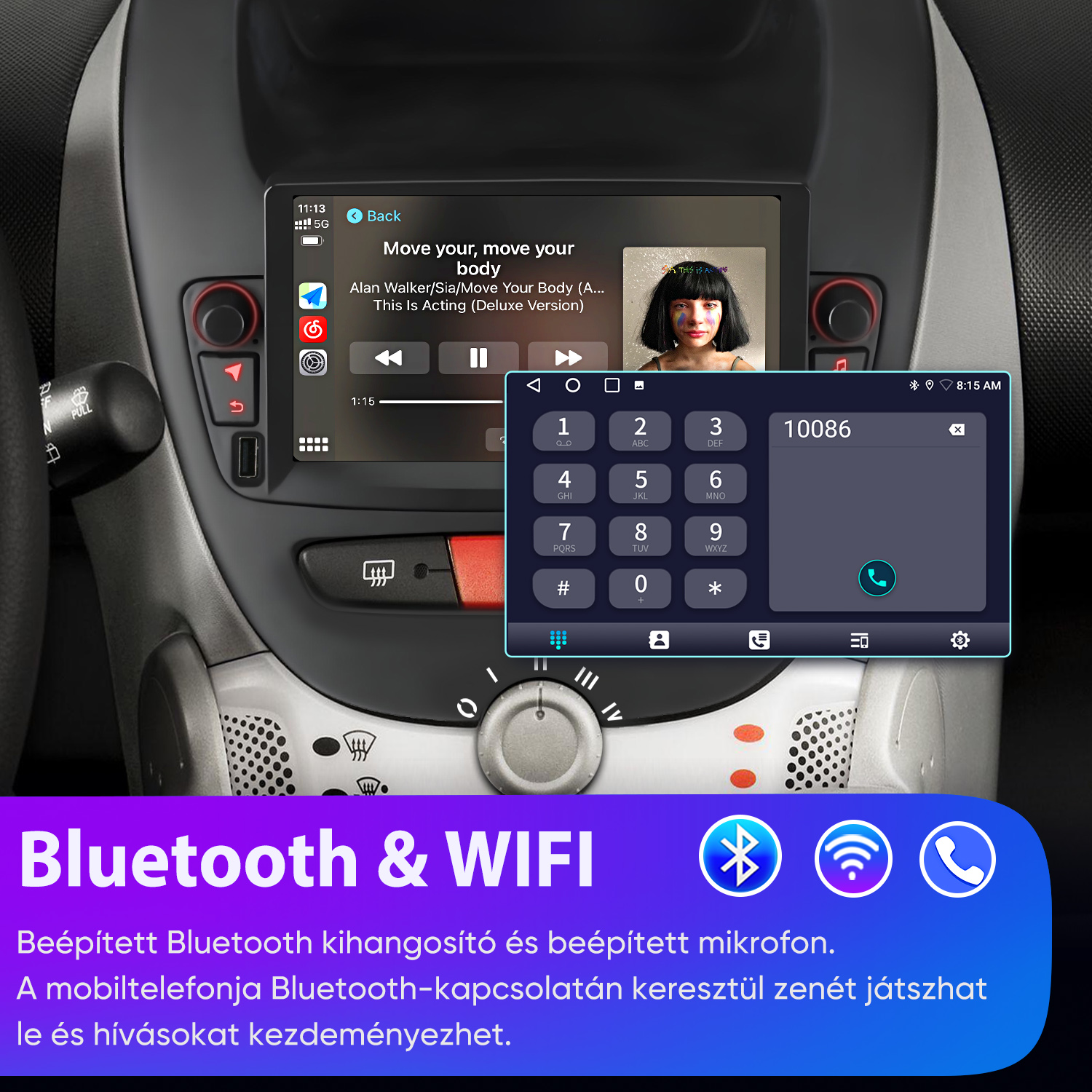 Autós kijelző zenelejátszóval és tárcsázóval, Bluetooth és Wi-Fi funkciókat hirdetve.