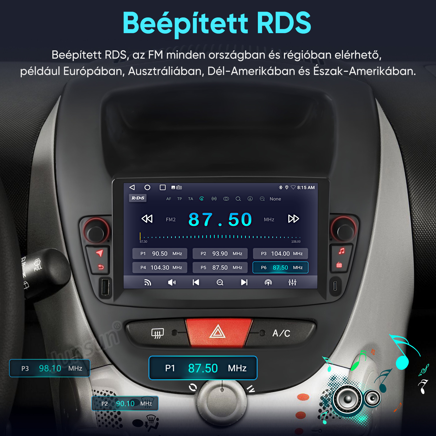 Autós rádió érintőképernyője egy jármű konzolján, a 87.50 MHz frekvenciát mutatja.