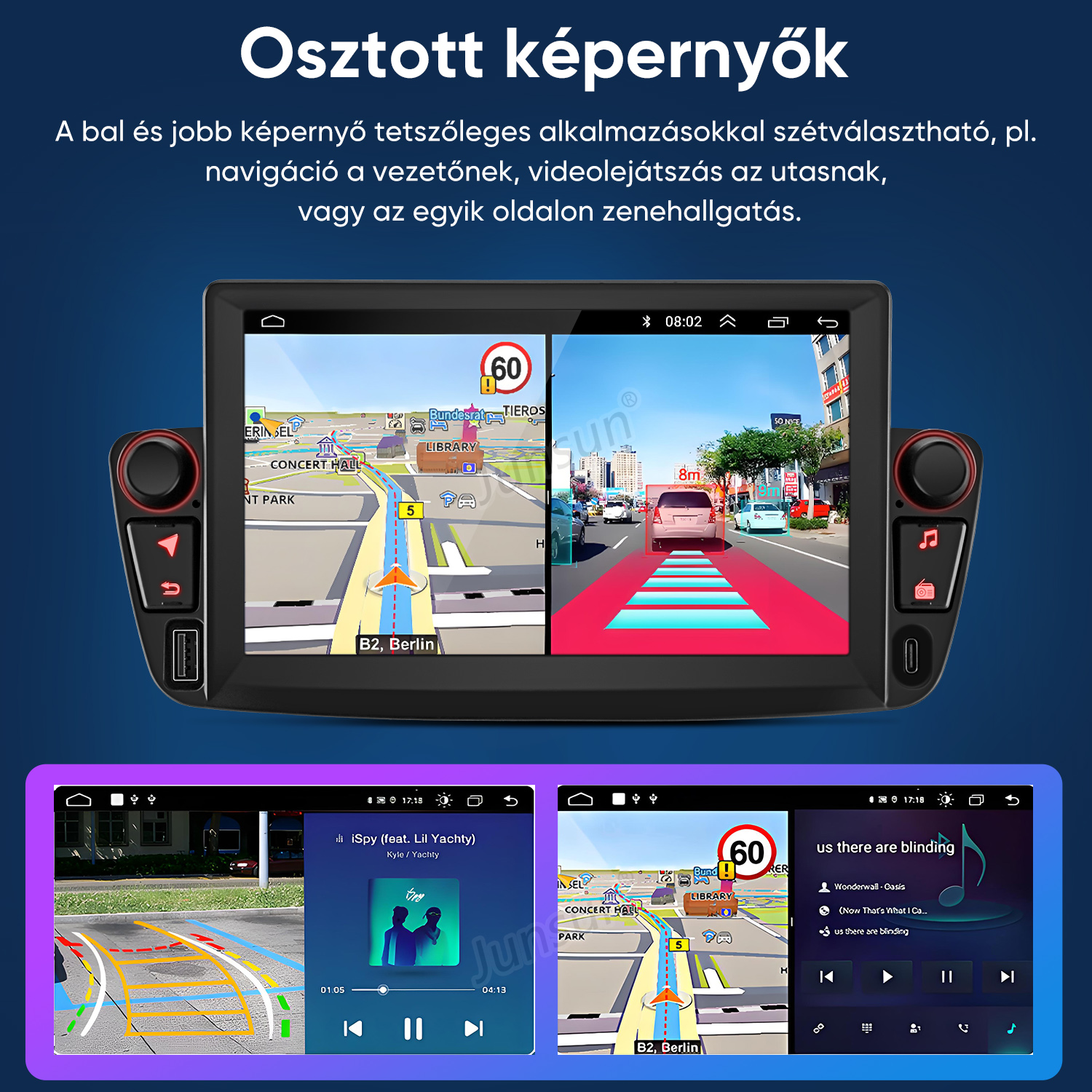 Az autó kijelzője egyszerre mutat navigációt, menetrögzítőt és zenelejátszást.