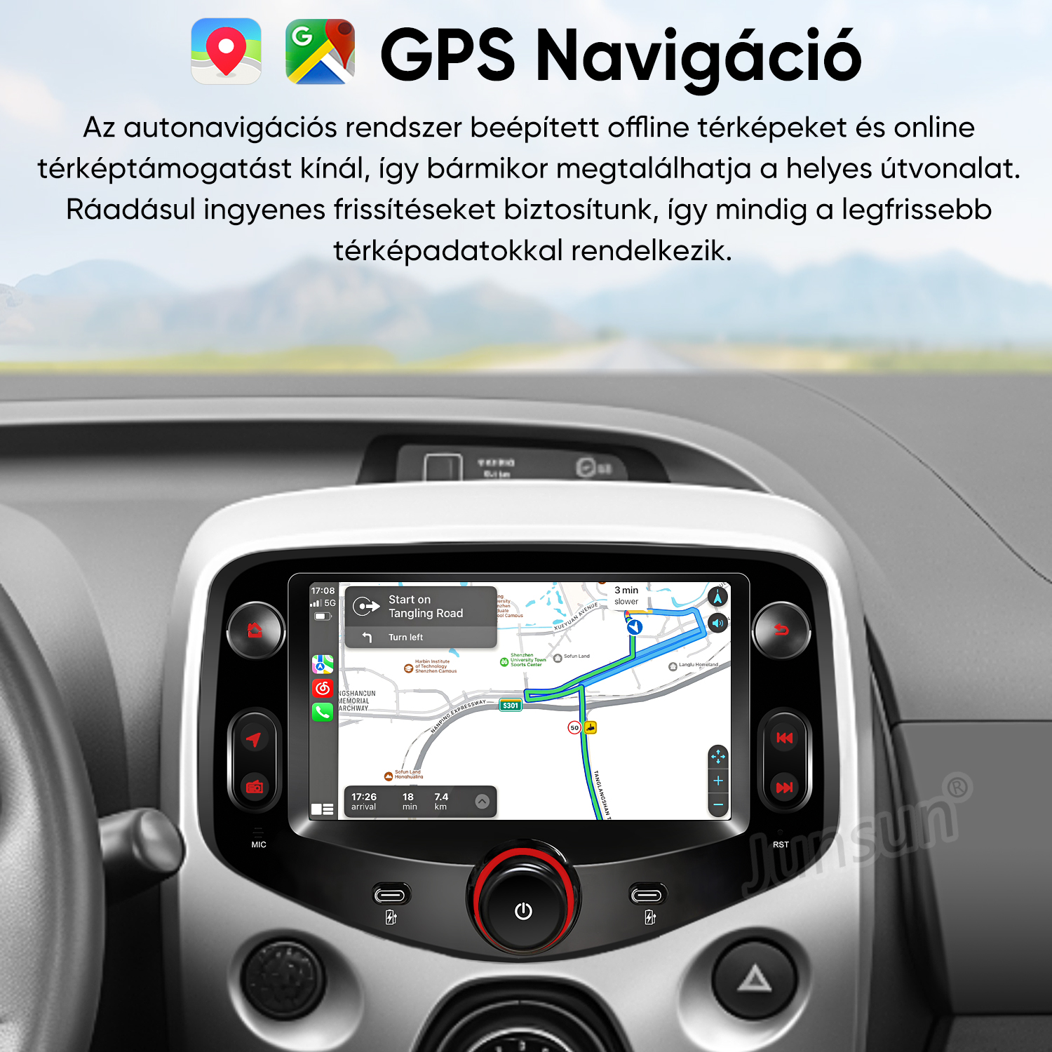 GPS navigáció az autó képernyőjén útvonaltérképpel és szöveggel.