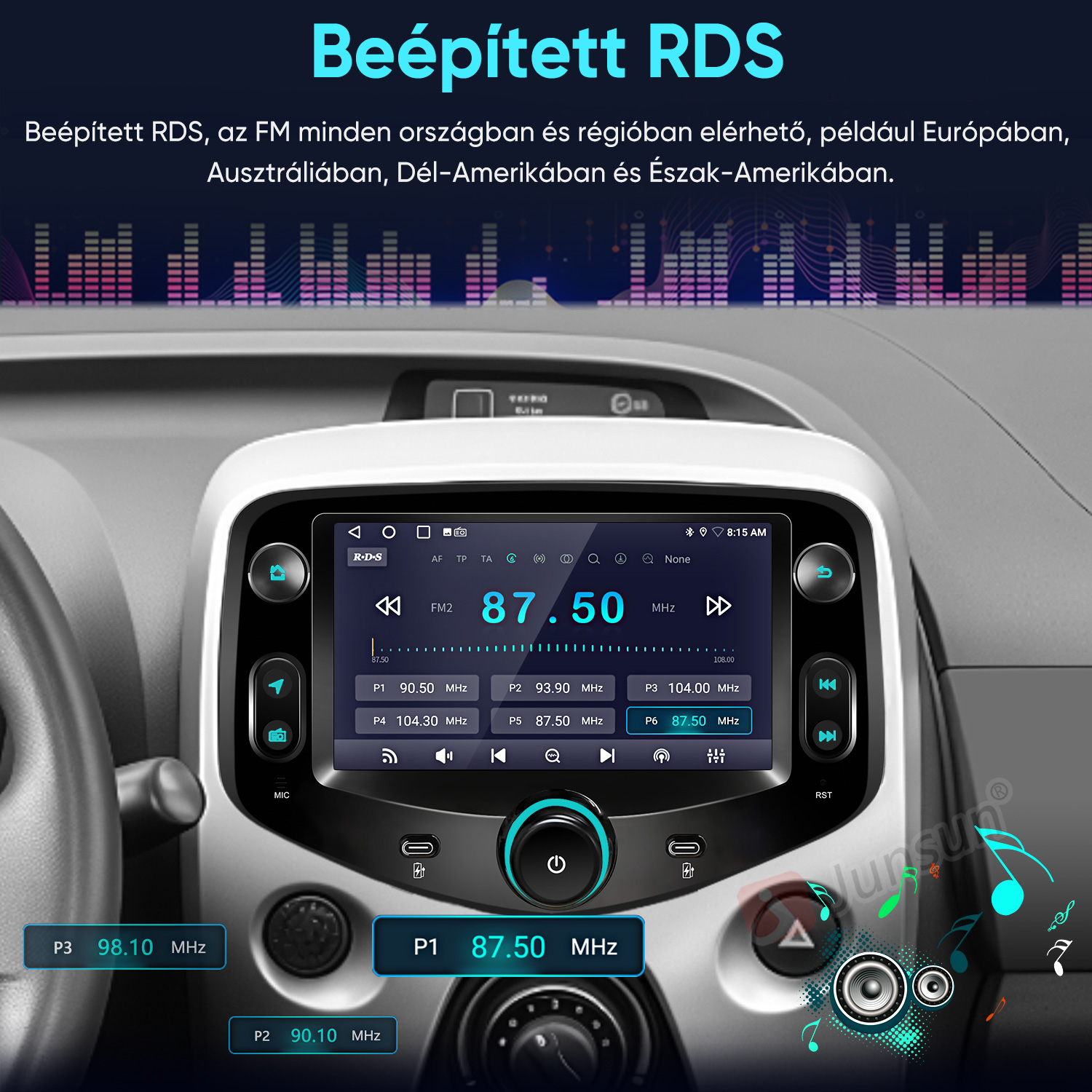 Egy autó műszerfala digitális multimédiás képernyővel, amely egy 87,50 MHz-es FM rádióállomást mutat RDS-sel.