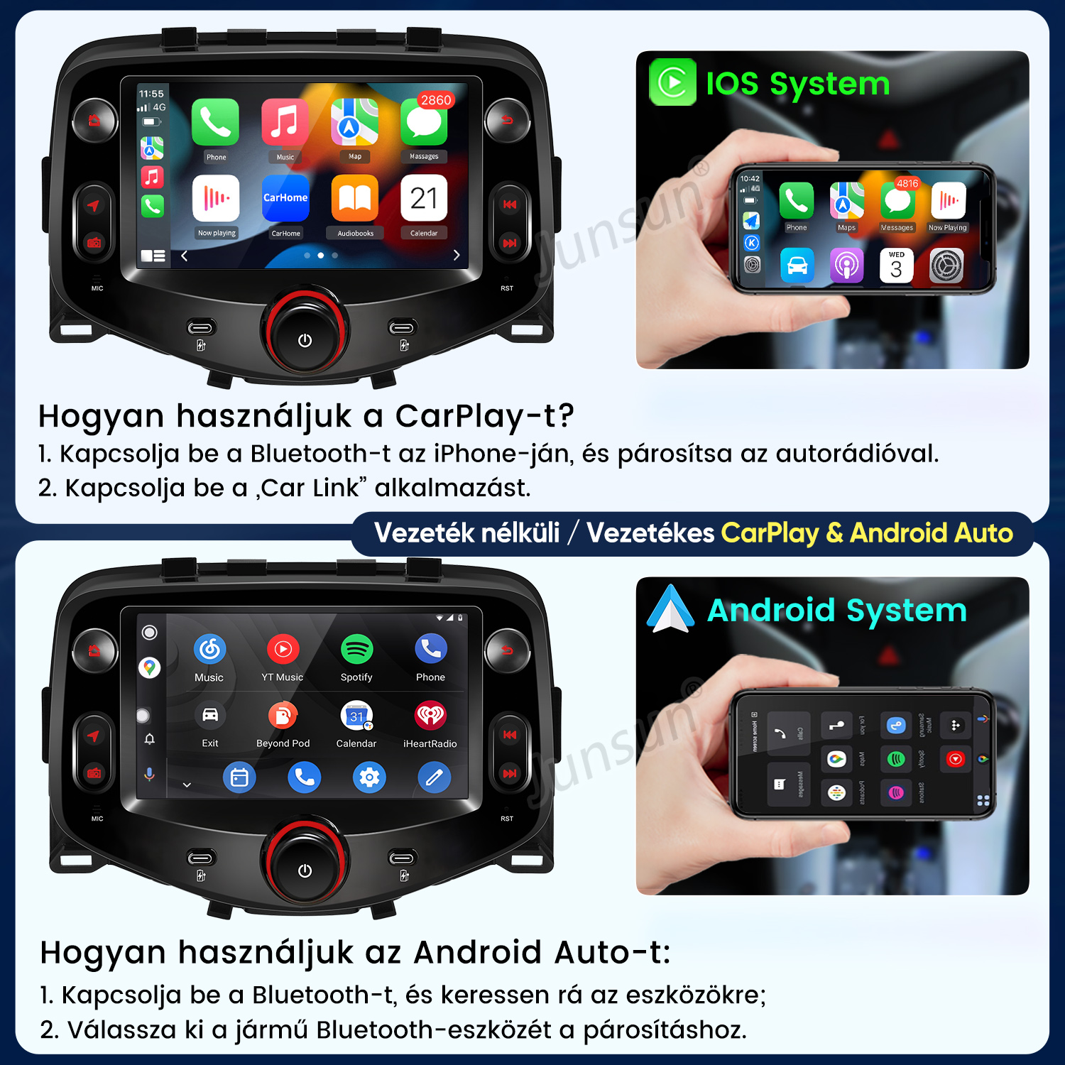 Útmutató a CarPlay és Android Auto használatához autórádión okostelefonokkal.