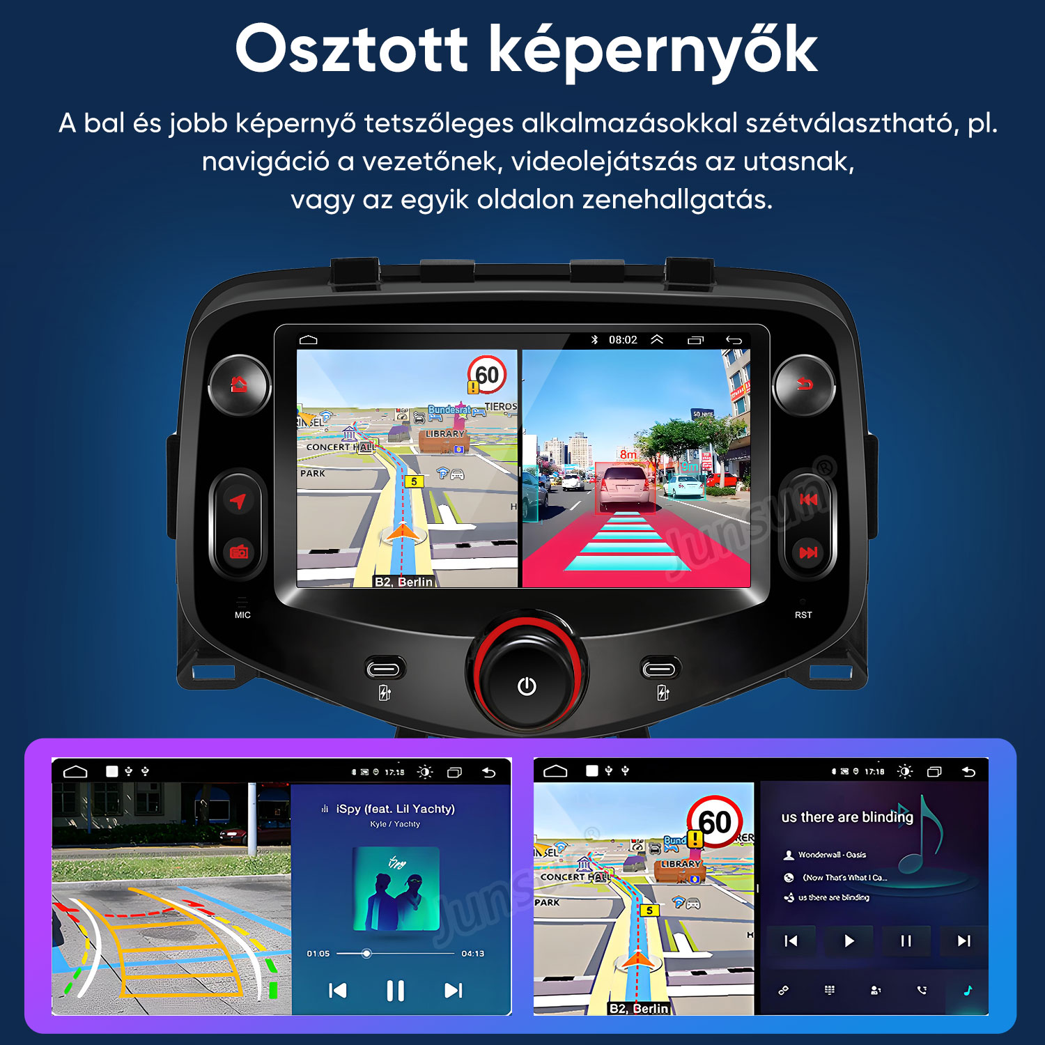 Autós multimédiás kijelző osztott képernyős navigációval és ADAS kameraképpel, oldalsó gombokkal.