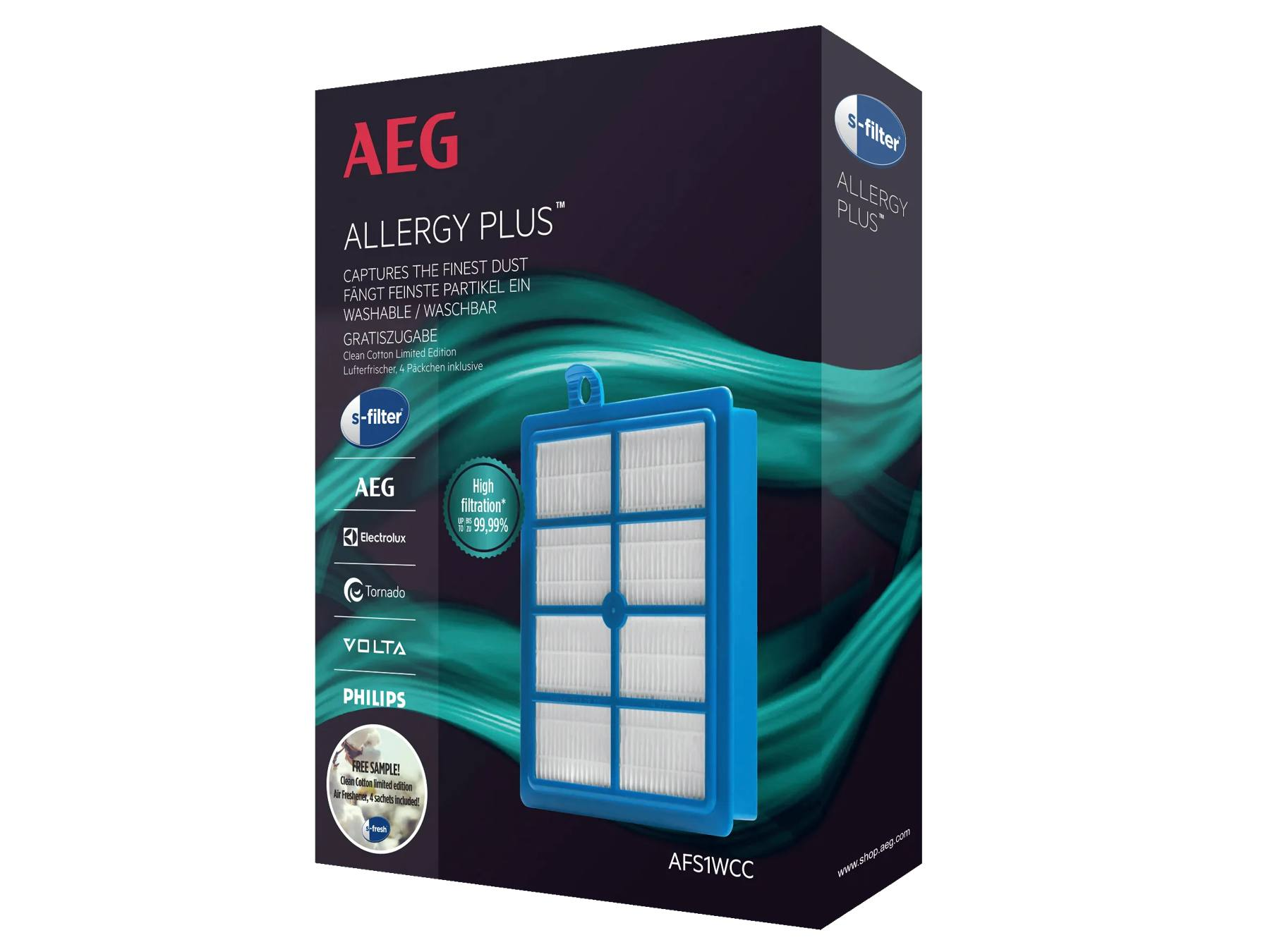 Un filtro de aspiradora AEG Allergy Plus en su caja negra y verde azulado.