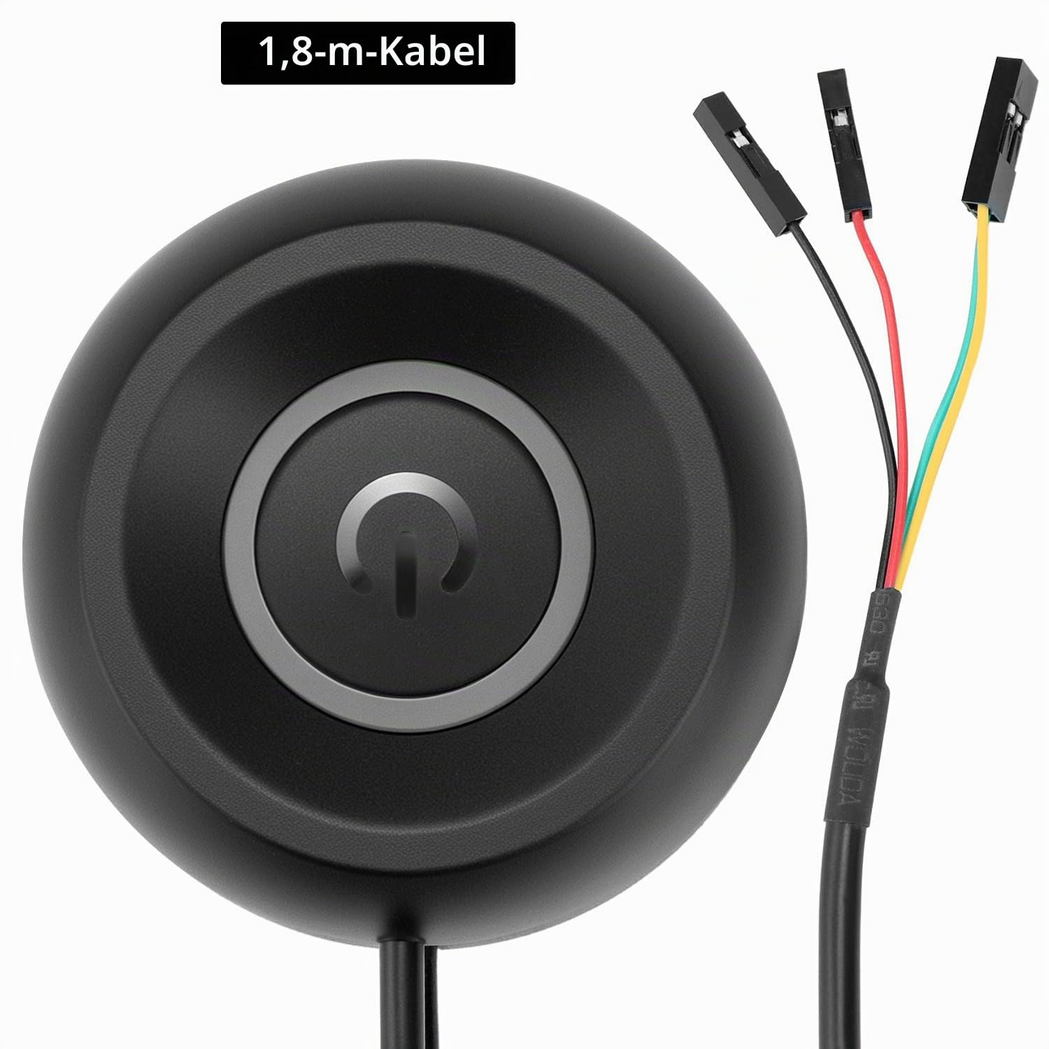 Un botón de encendido negro redondo con un cable de 1,8 metros y tres cables de conexión de colores.