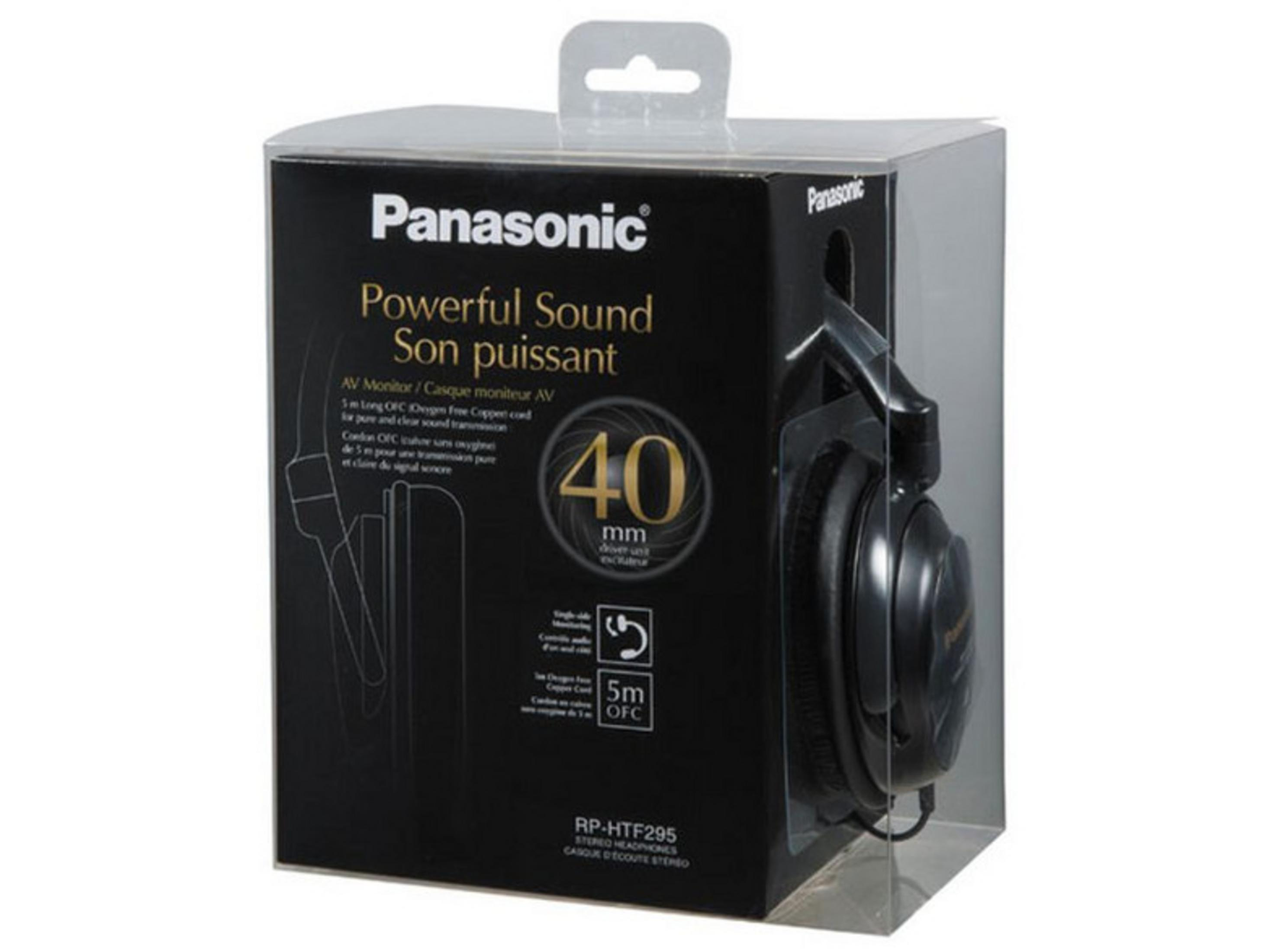 Słuchawki Panasonic RP-HTF295 w przezroczysto-czarnym pudełku.