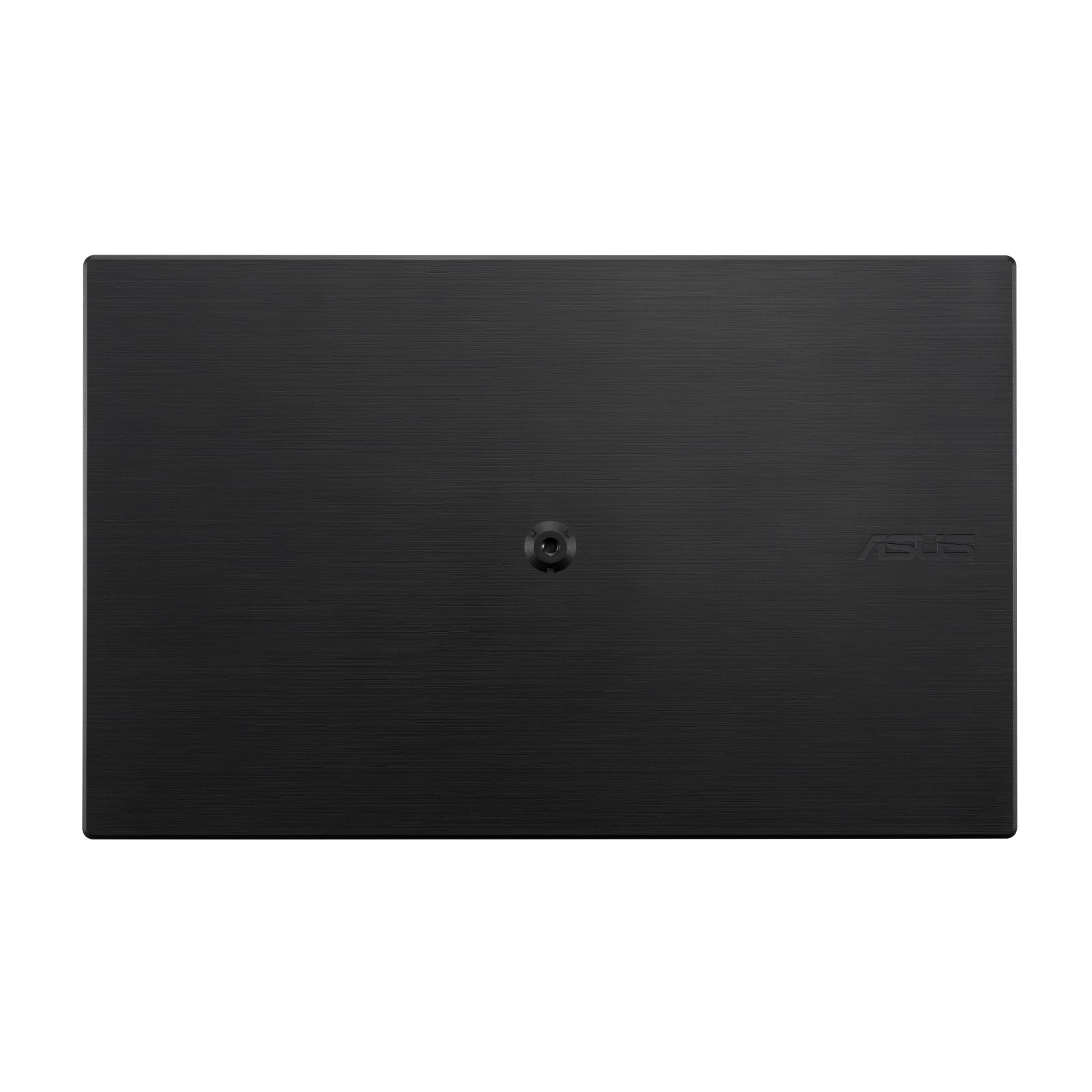 Tapa de portátil negra con textura de metal cepillado, logotipo circular central y marca ASUS a la derecha.