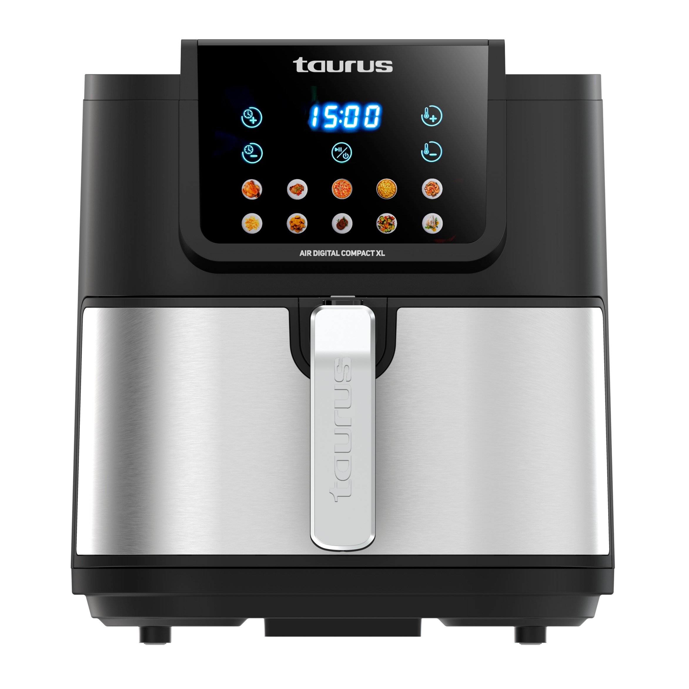 Czarno-srebrna frytkownica beztłuszczowa Taurus Air Digital Compact XL z cyfrowym dotykowym ekranem.
