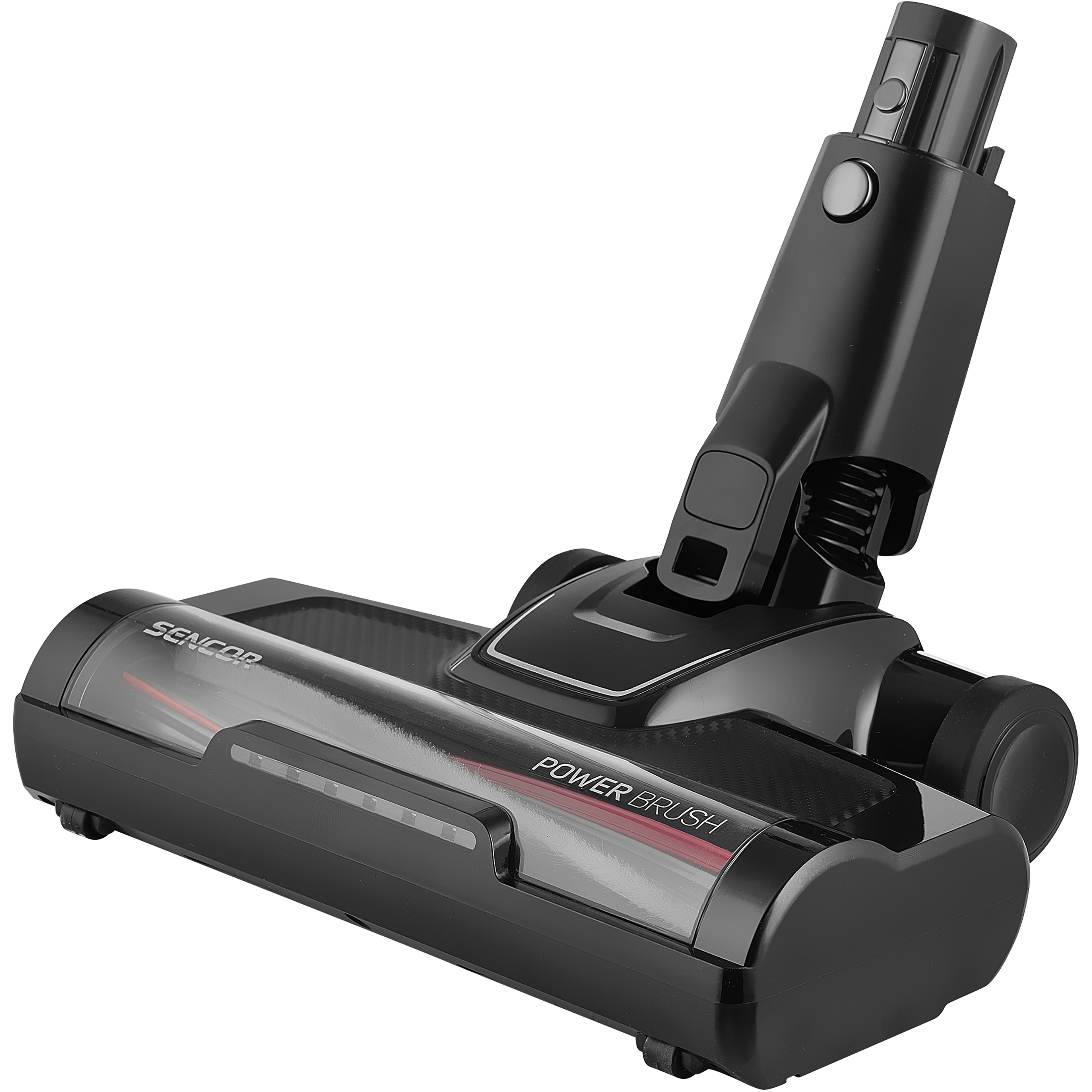 Boquilla de aspiradora negra Sencor Power Brush con rodillo giratorio y luces LED sobre fondo blanco.
