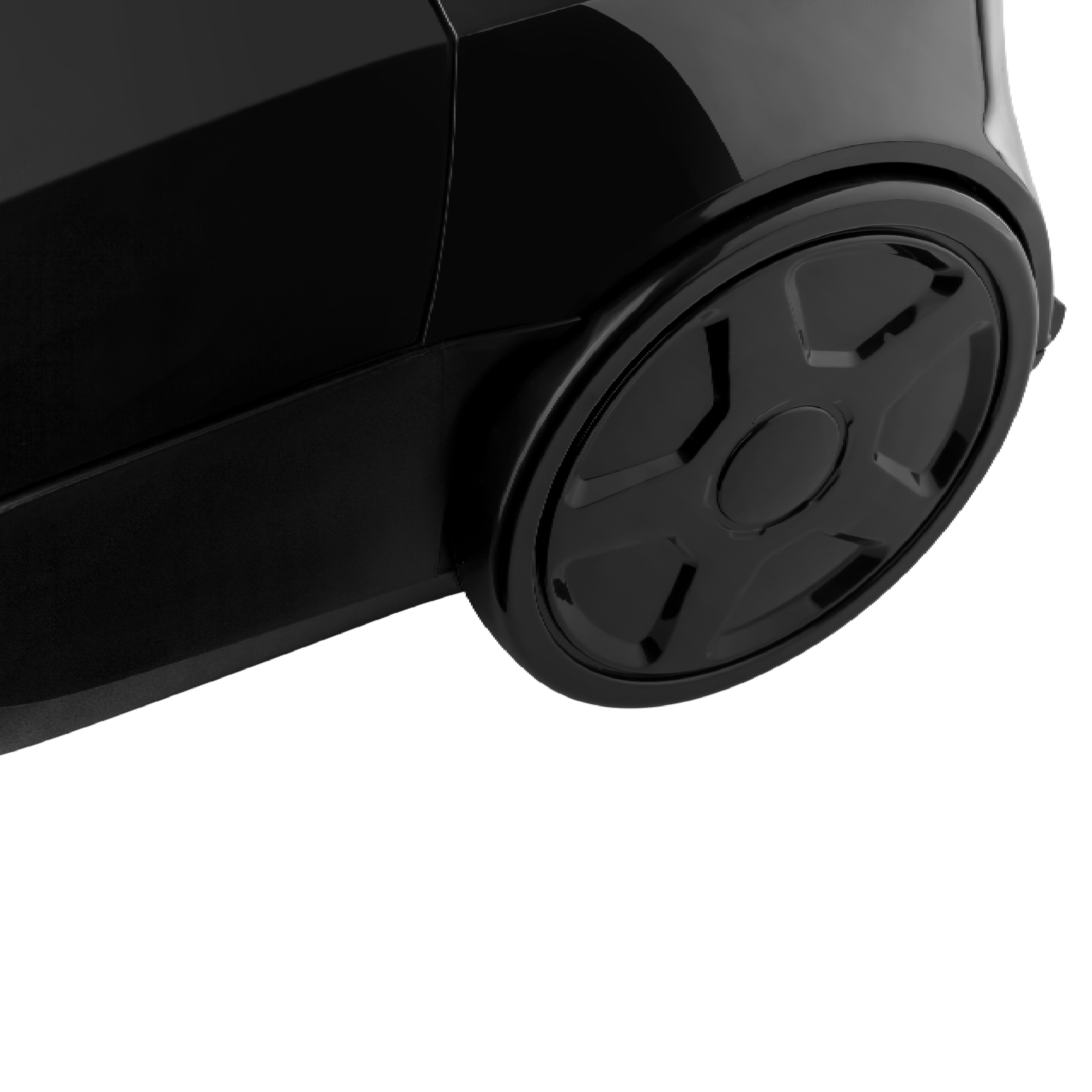 A close-up of a sleek black wheel and body panel against a white background.