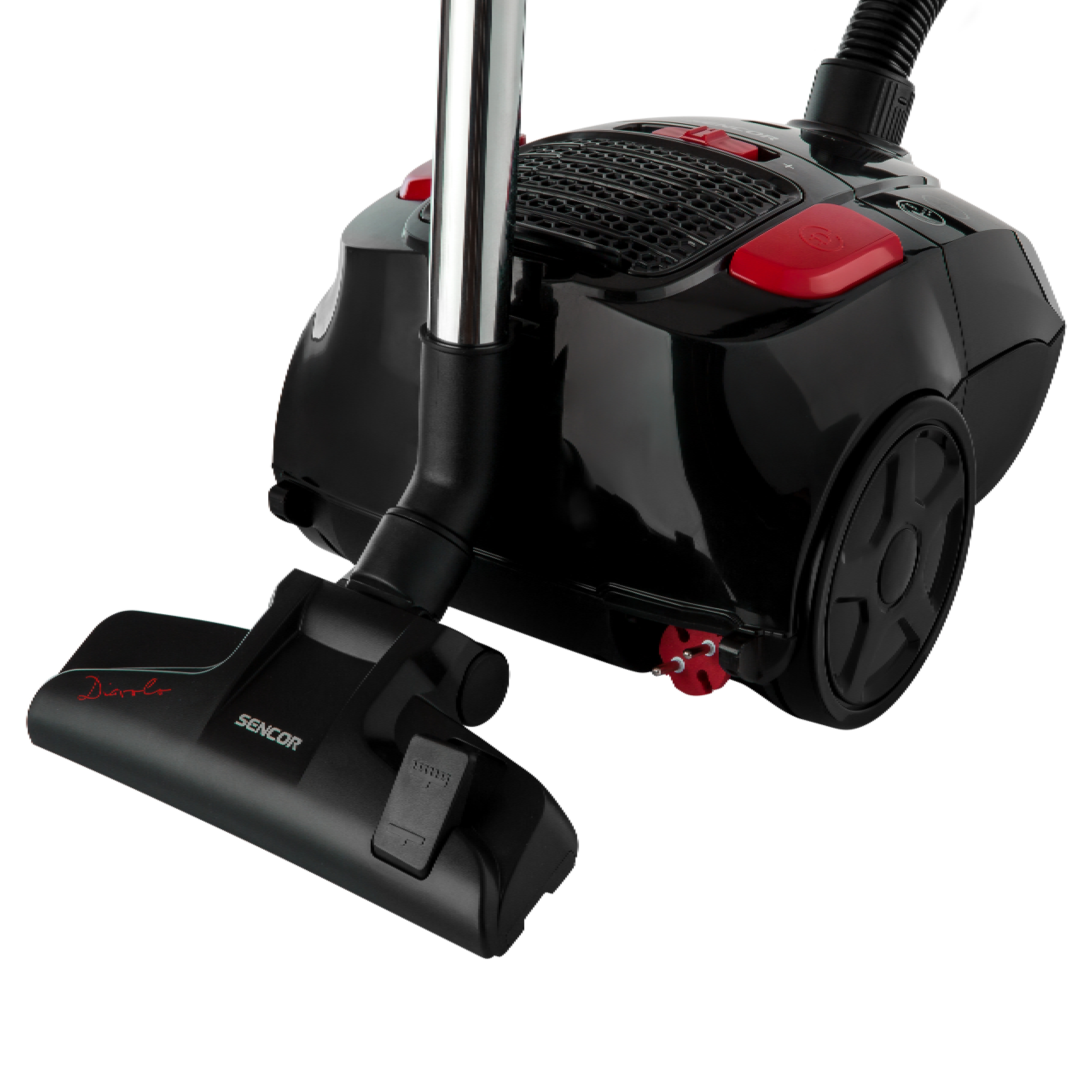 Black vacuum cleaner with red details, silver metal tube, and floor nozzle on a white background.